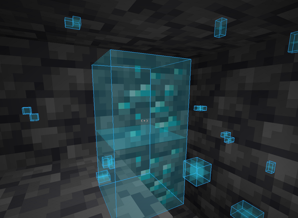 Player viewing diamond ores highlighted with blue boxes underground