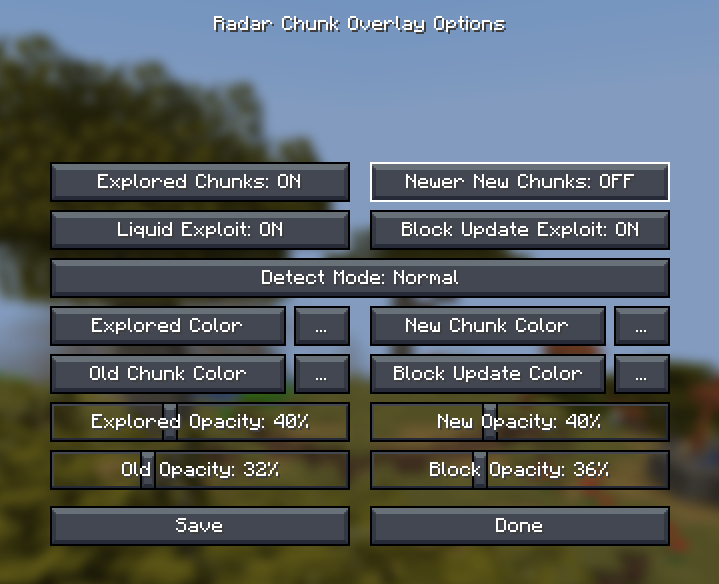 Radar chunk overlay options menu displaying various detection settings