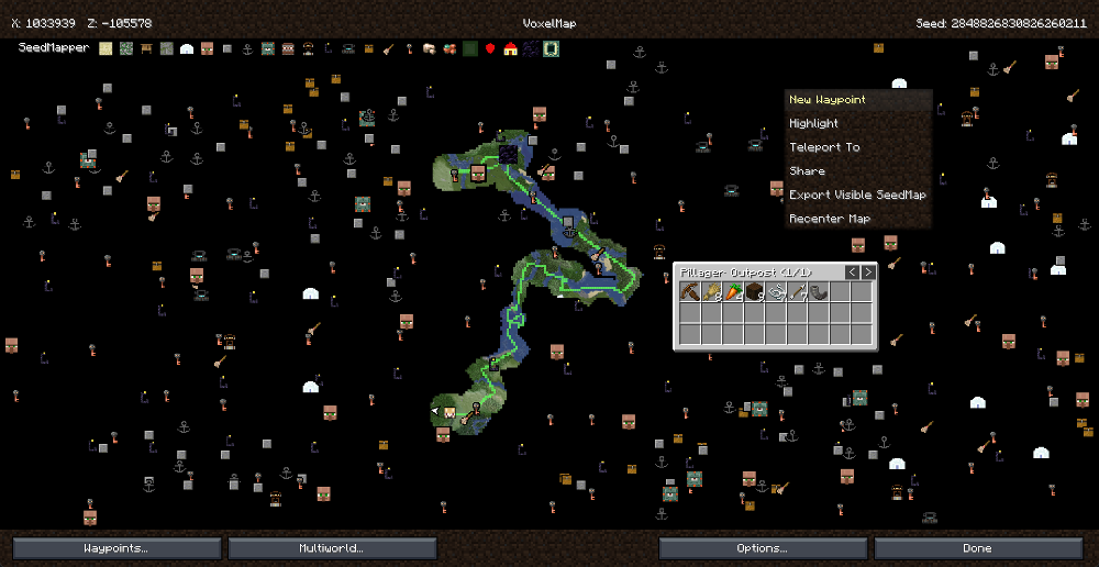 Viewing a world map interface displaying structure icons and outpost loot inventory