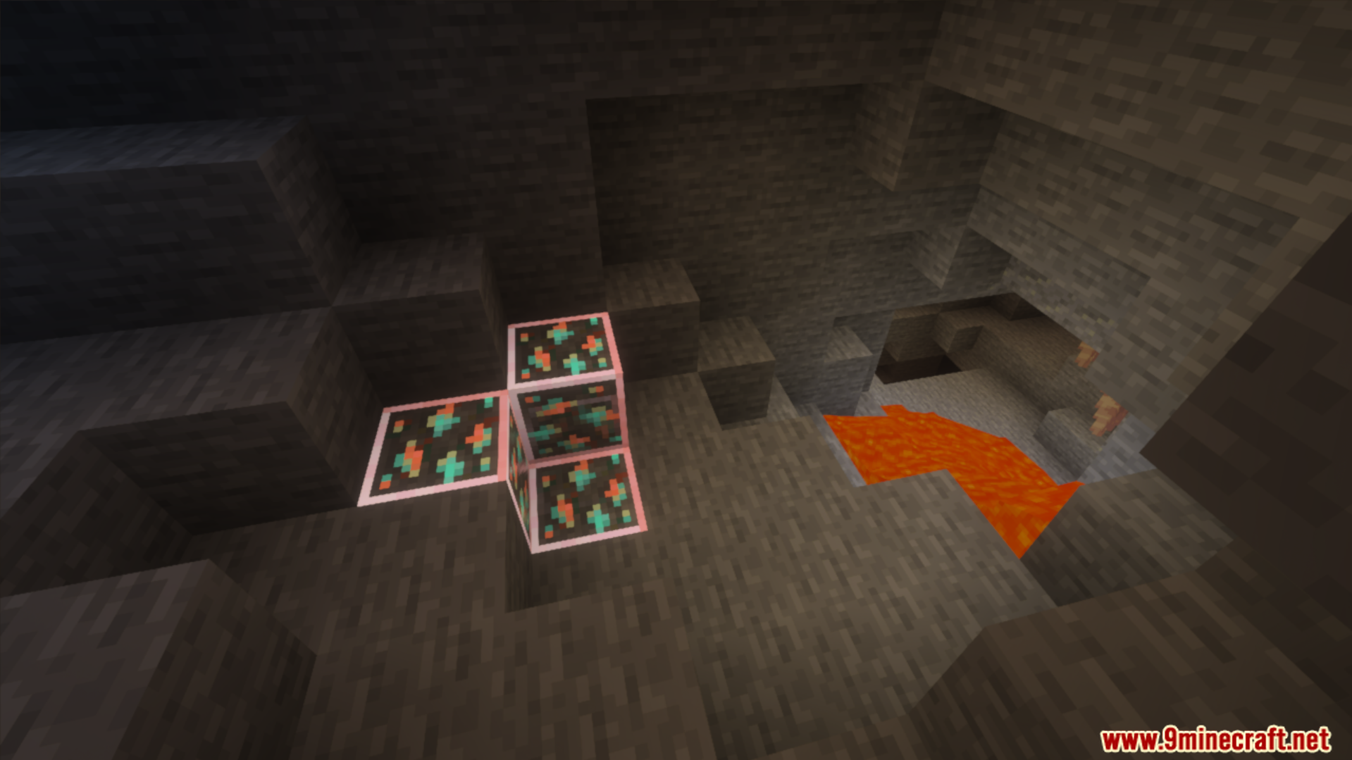 Glowing ores with outlines are easy to spot in dark caves
