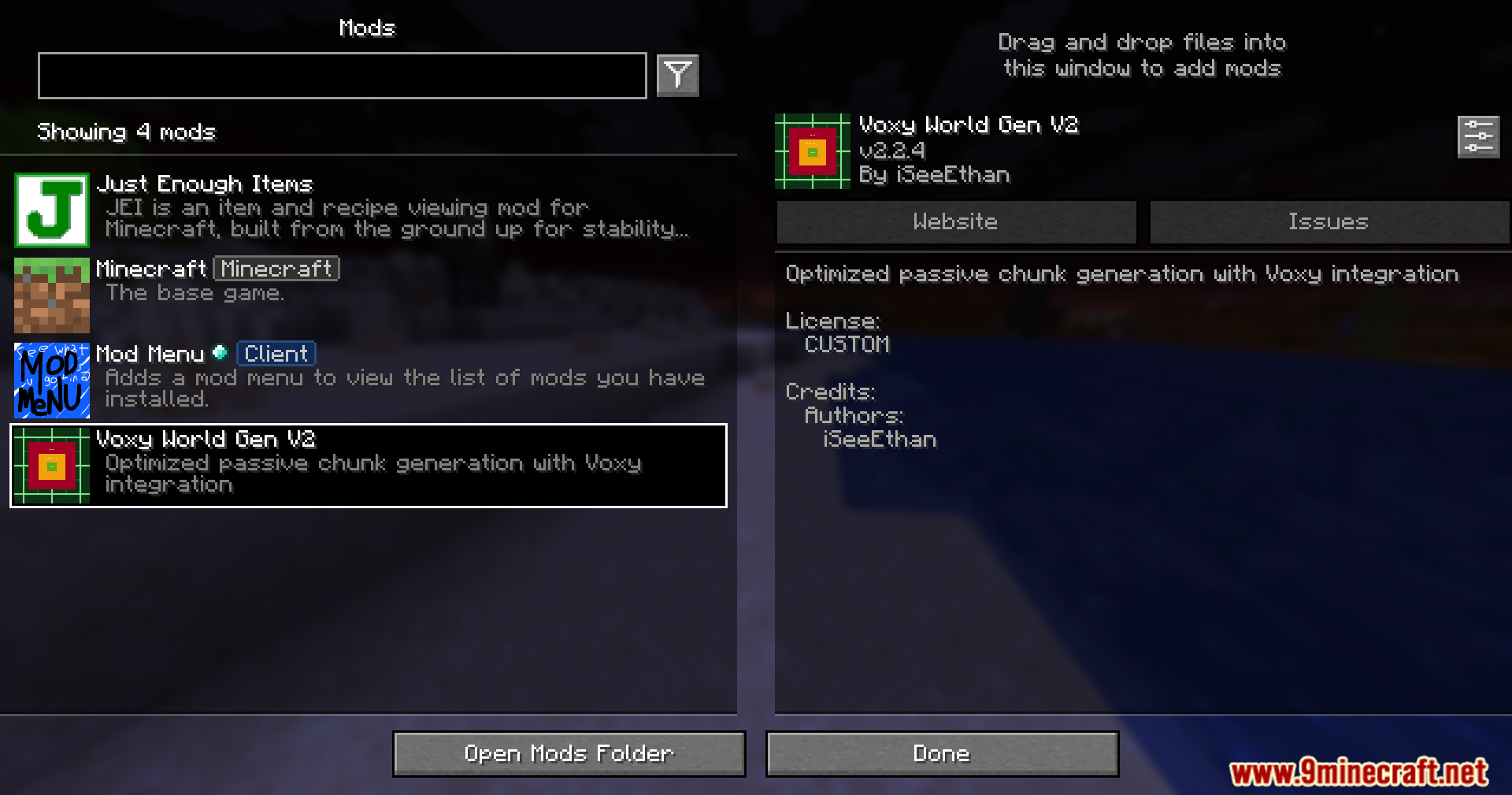 Mod menu interface showing installed mods and details