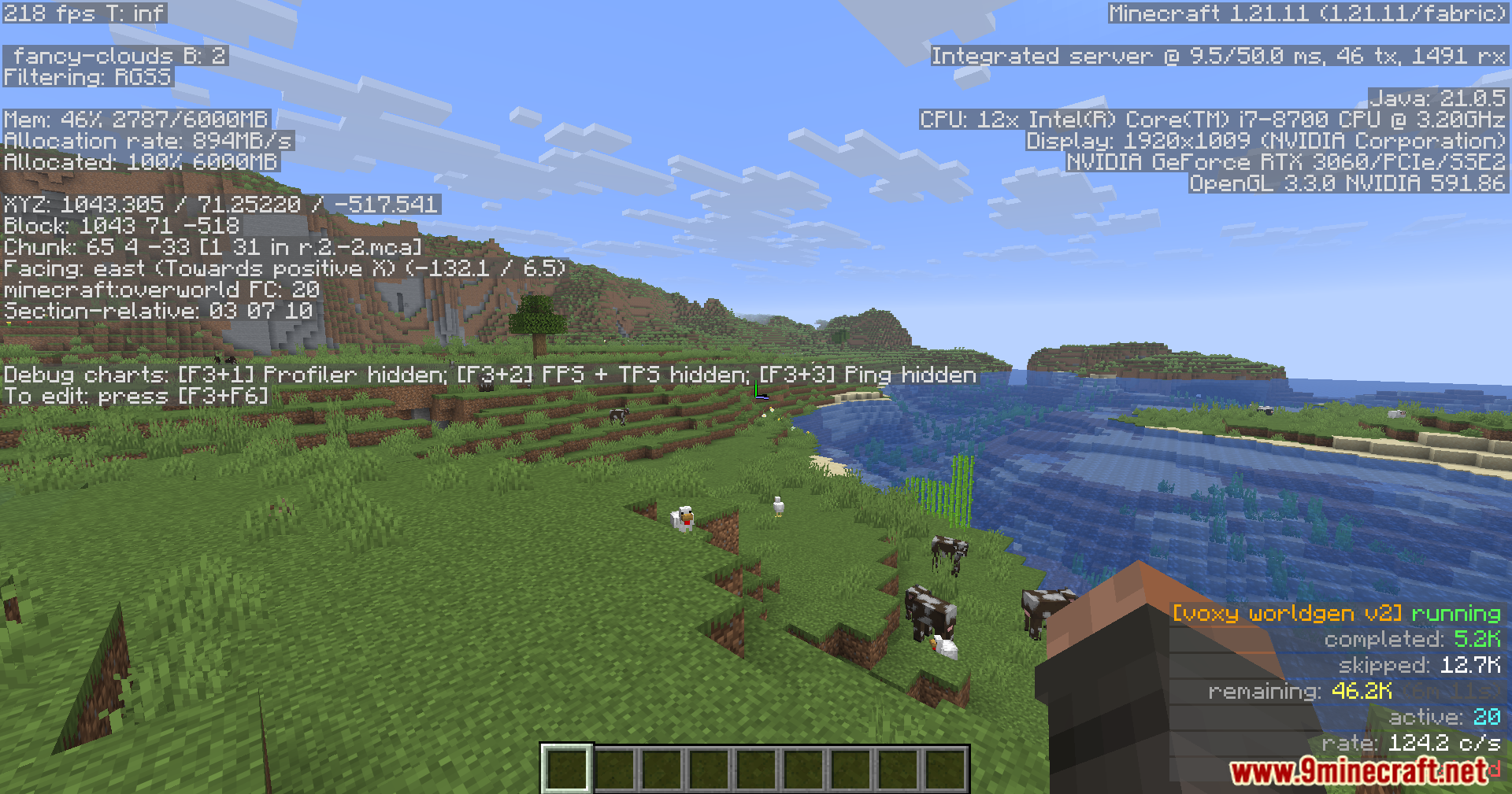 Grassy plains biome showing animals and active background chunk generation progress
