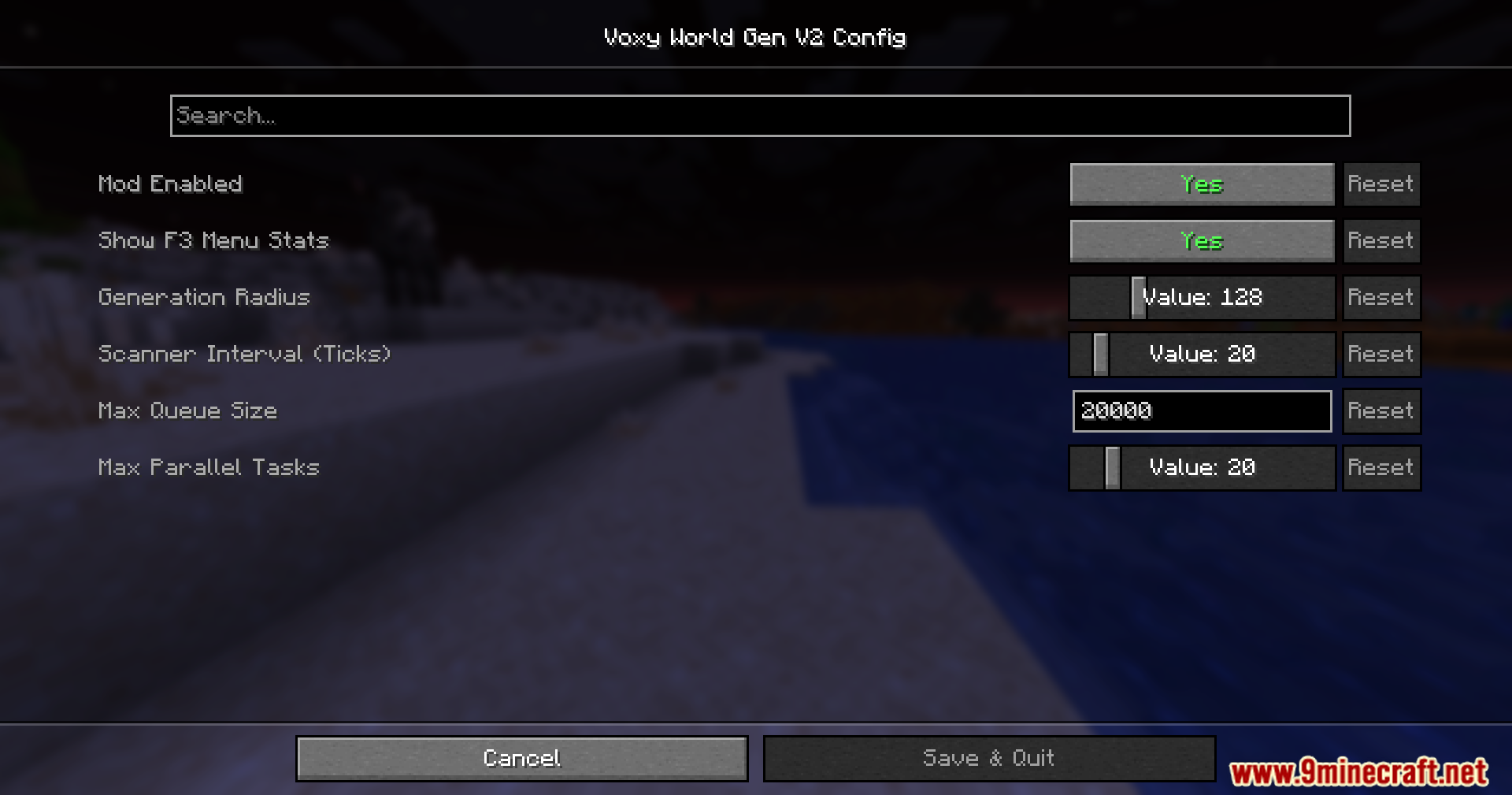Configuration menu for adjusting world generation settings