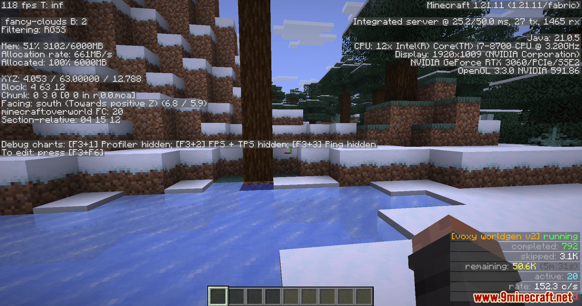 Viewing snowy landscape with active background chunk generation status overlay displayed