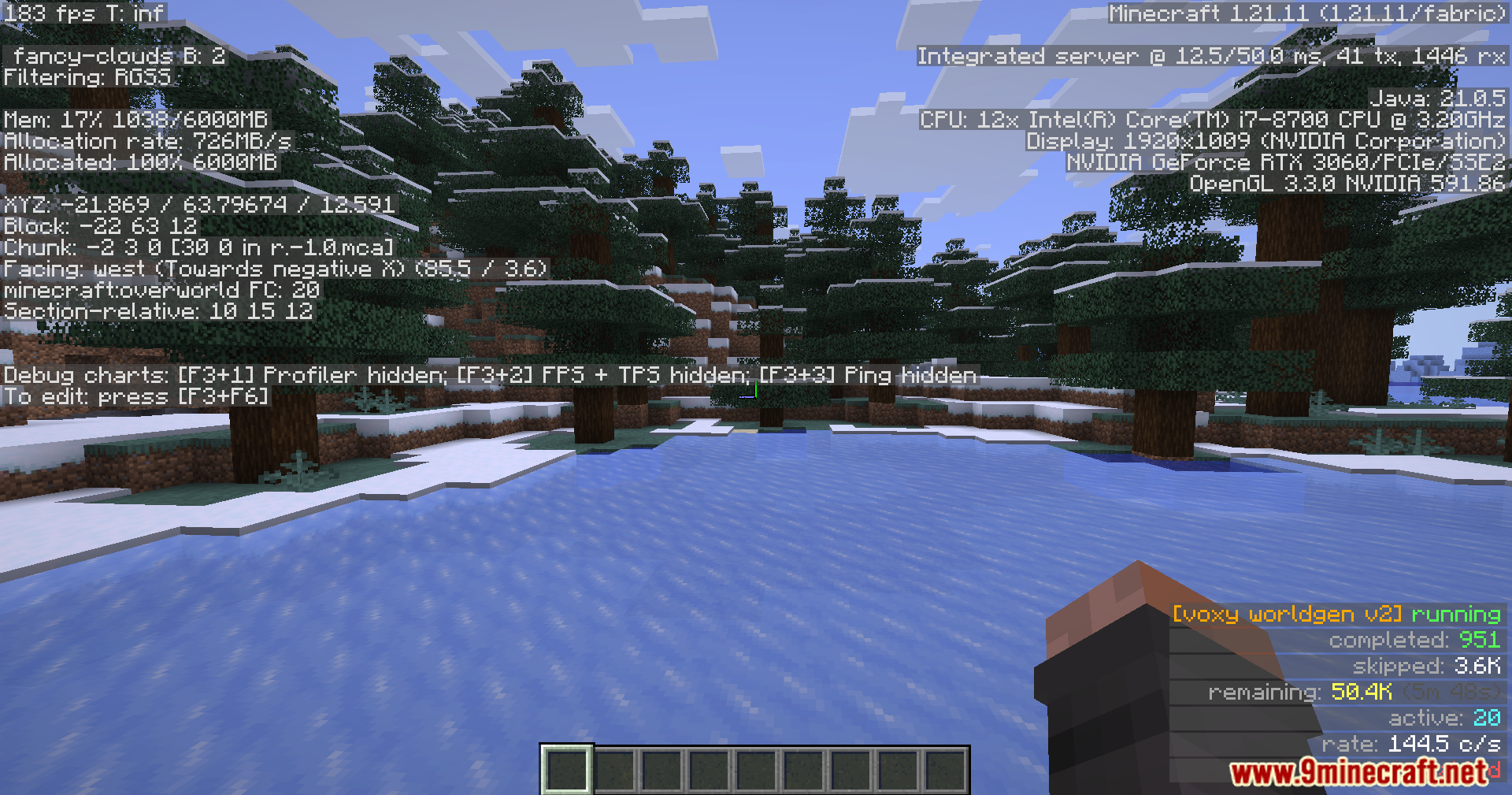 Debug screen displaying active terrain generation progress near a frozen river
