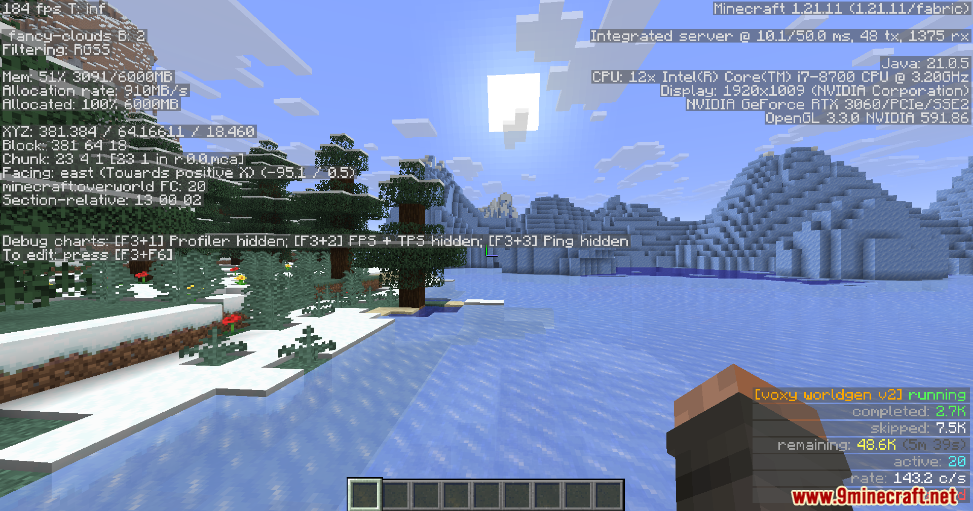 Snowy biome view with active world generation statistics shown in the corner