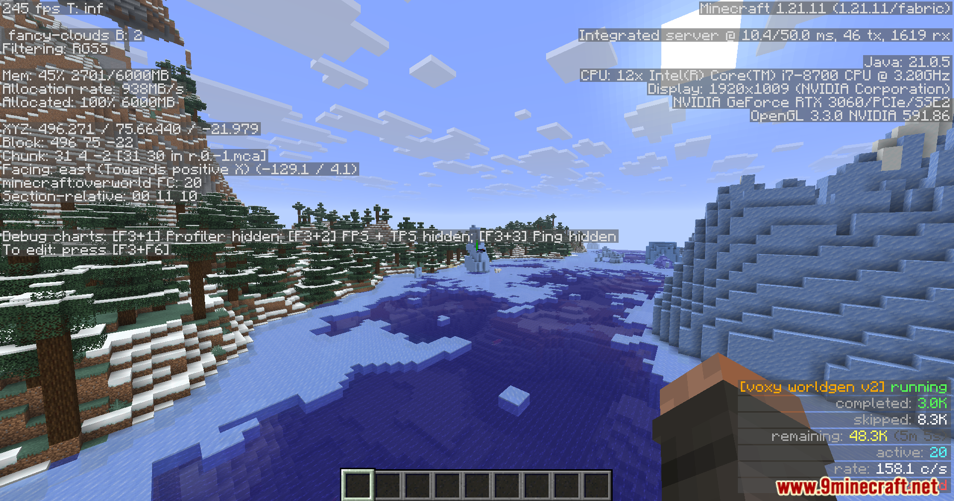Voxy Worldgen mod actively generating chunks in a frozen ocean biome