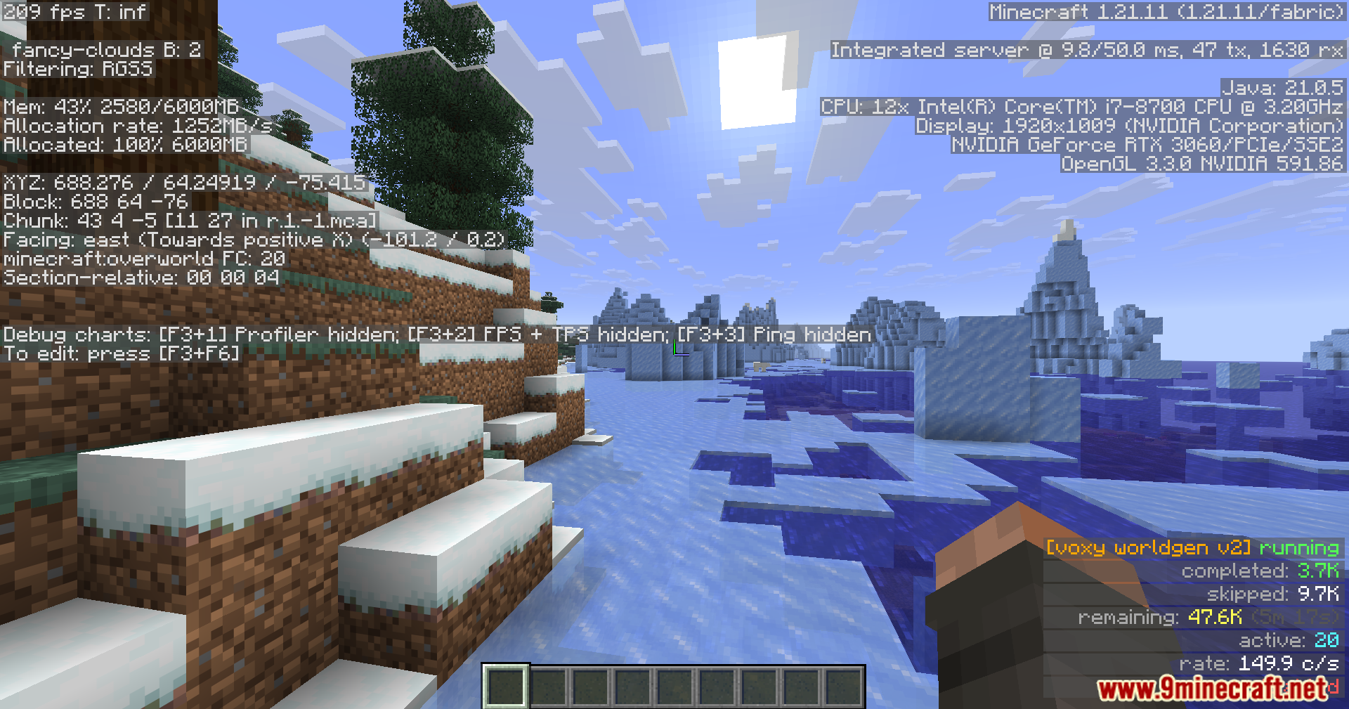 Viewing active background chunk generation stats in a snowy Minecraft landscape