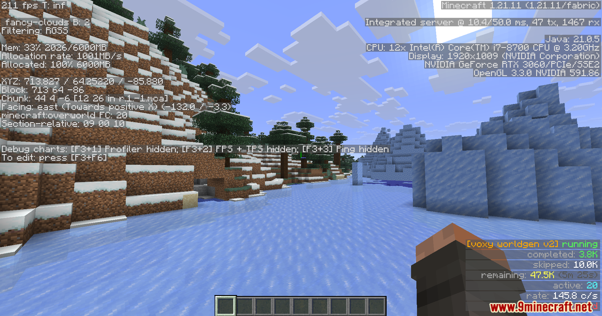 Player exploring snowy biome with debug screen and world generation progress