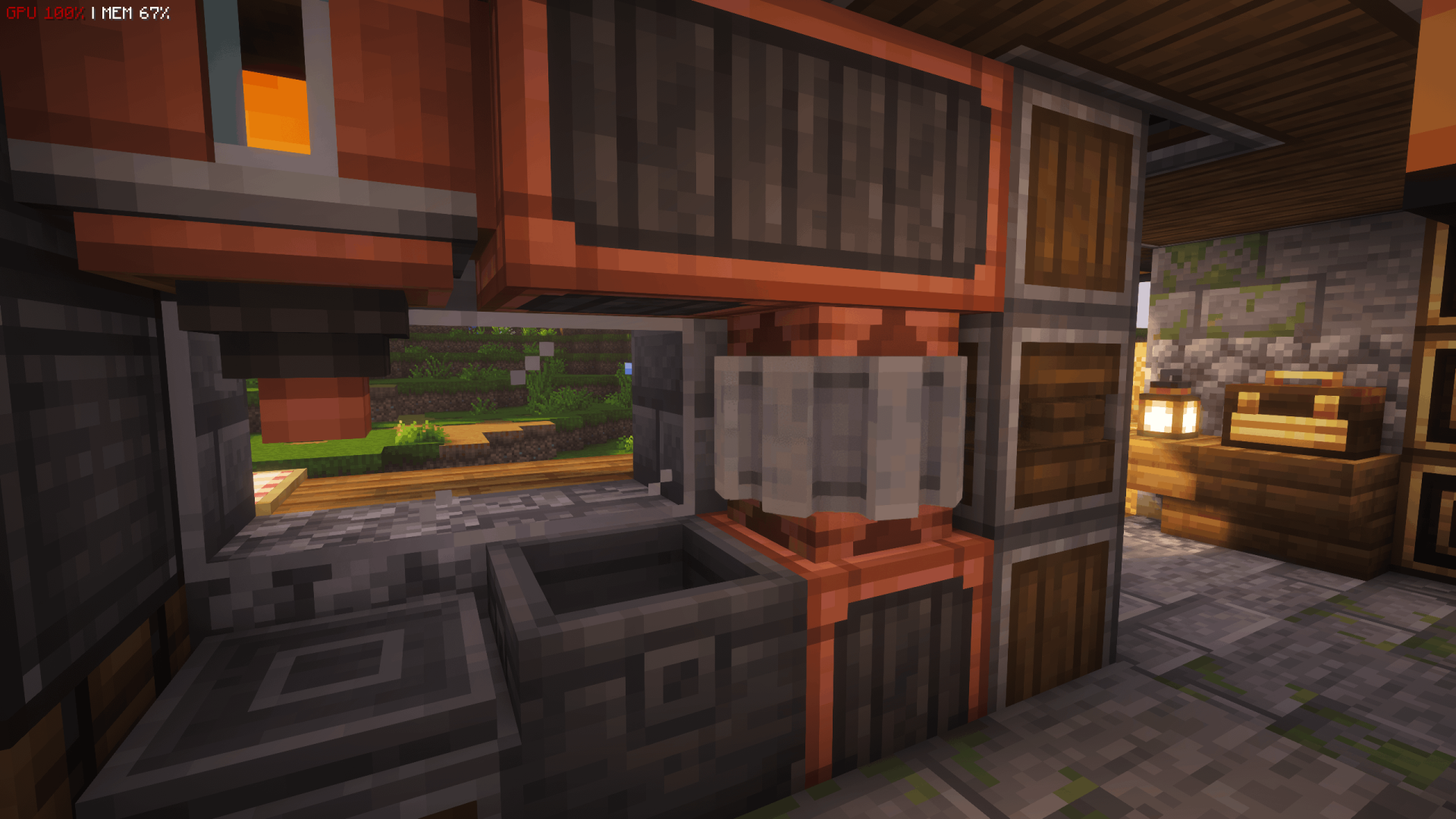 WORKSHOP with All You Need Schematic Screenshots 4 Mechanical basin and spout setup inside a cozy workshop with forest view