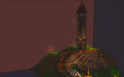 A tall stone watchtower standing on a grassy hill in a Minecraft world