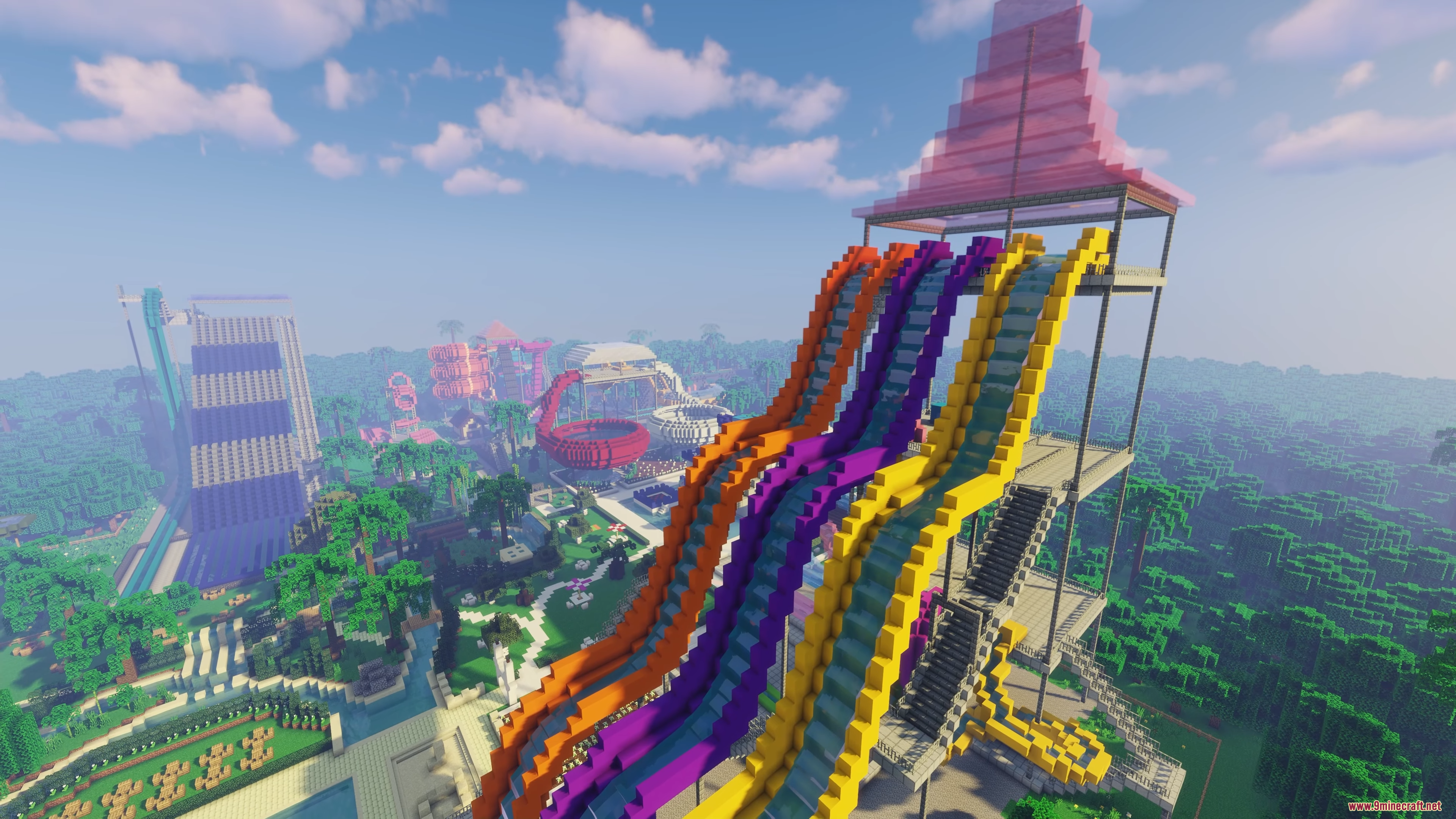 A massive colorful water slide tower in a Minecraft water park