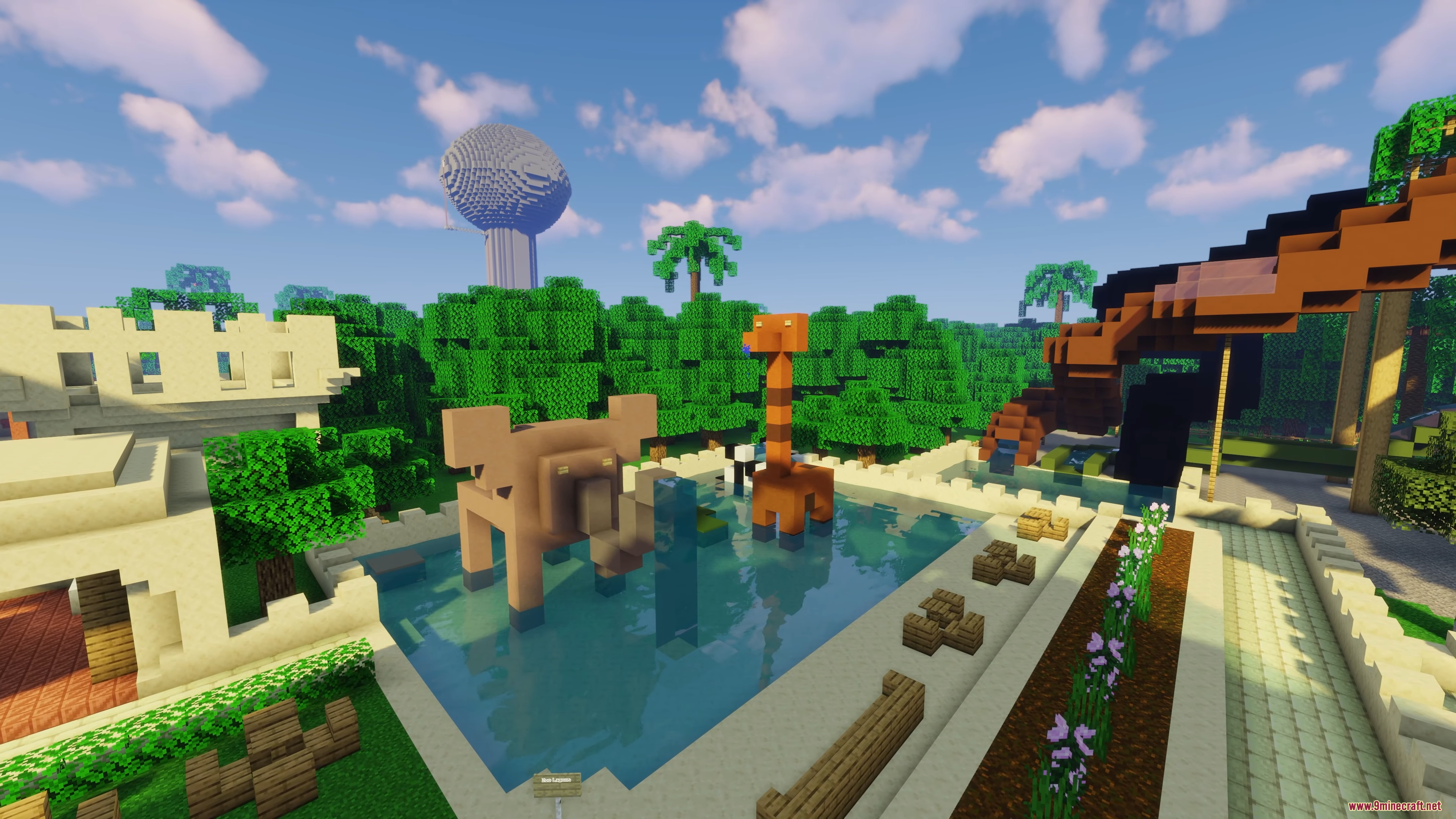 A water park pool with large animal statues