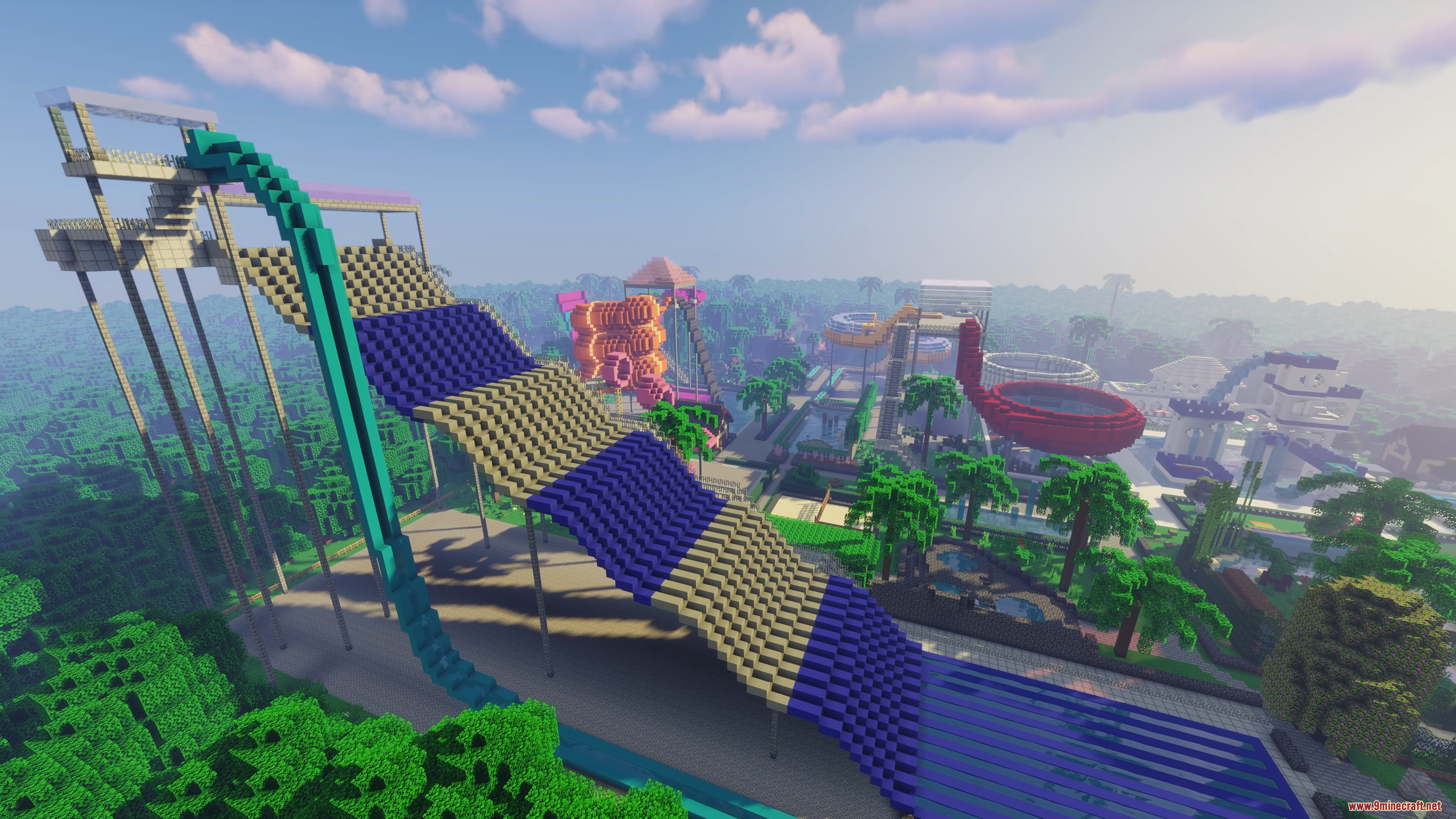 A giant striped water slide in a Minecraft water park