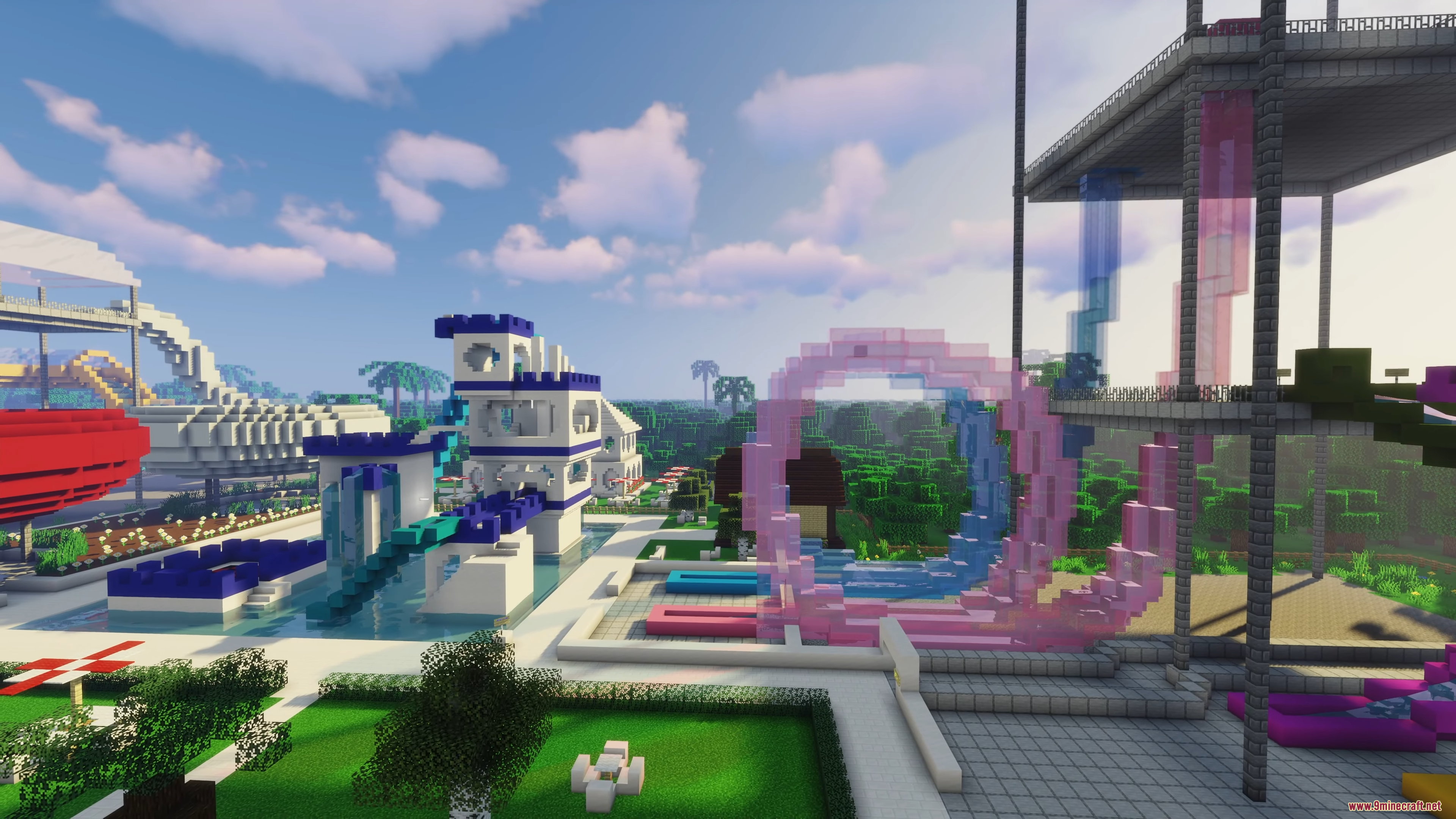 A sprawling Minecraft water park with colorful slides and pools