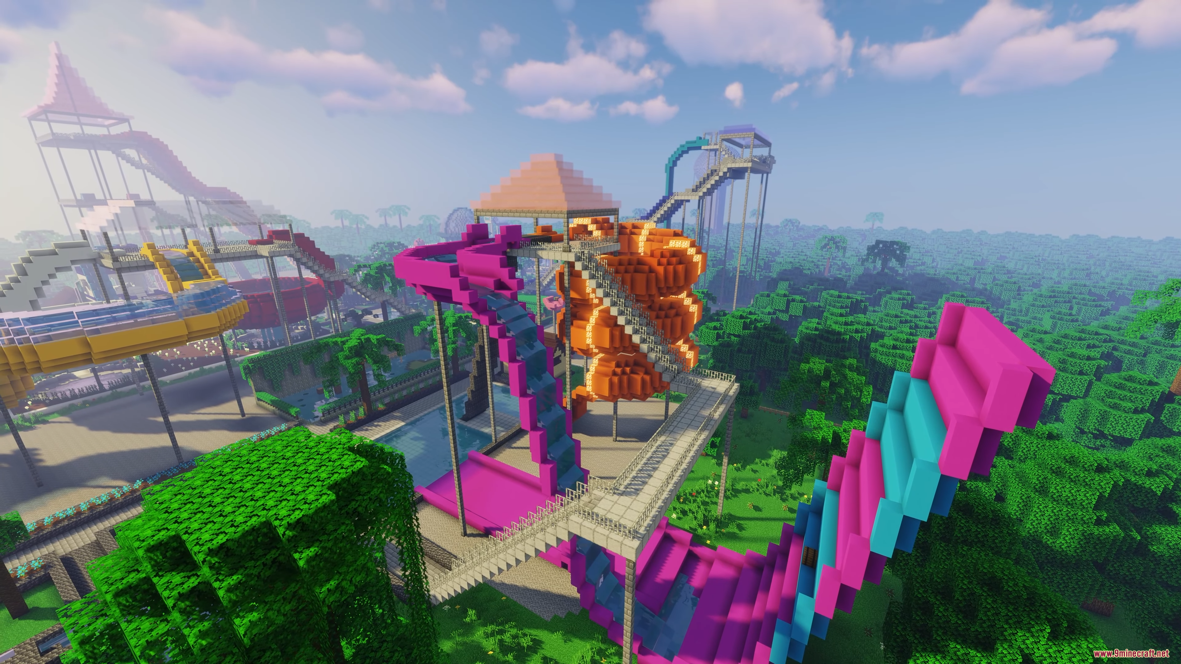 Colorful, twisting water slides in a large Minecraft water park