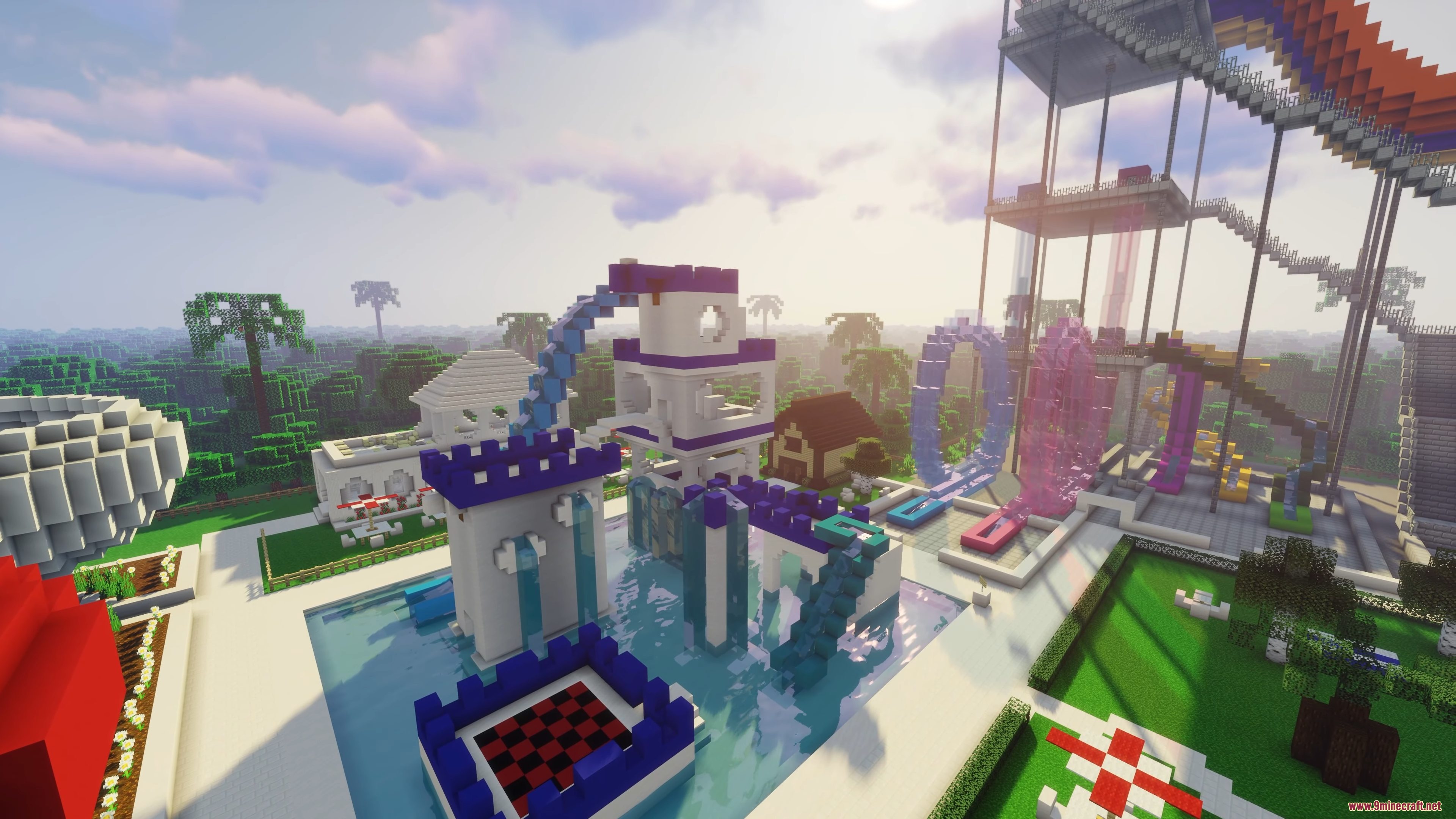 A water castle and slides in a sunny Minecraft park