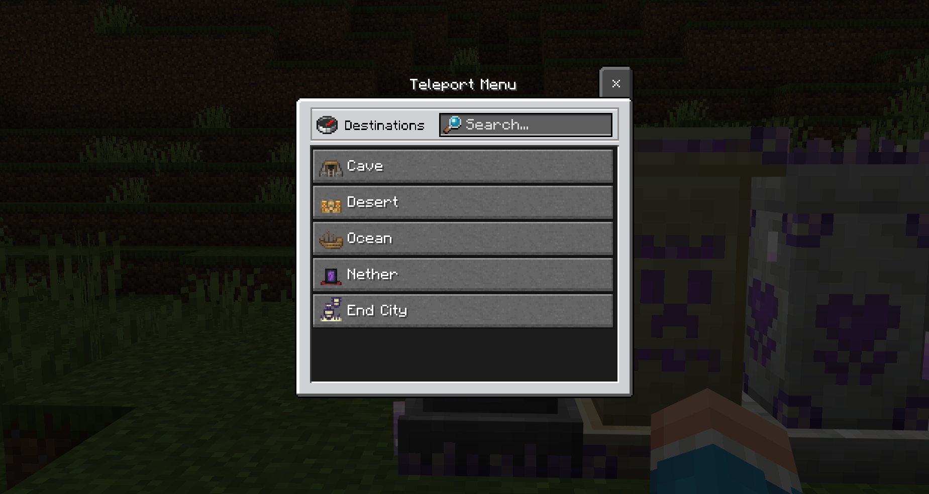 Waystone Addon Screenshot 1 Player viewing a teleport menu listing destinations like cave desert and ocean