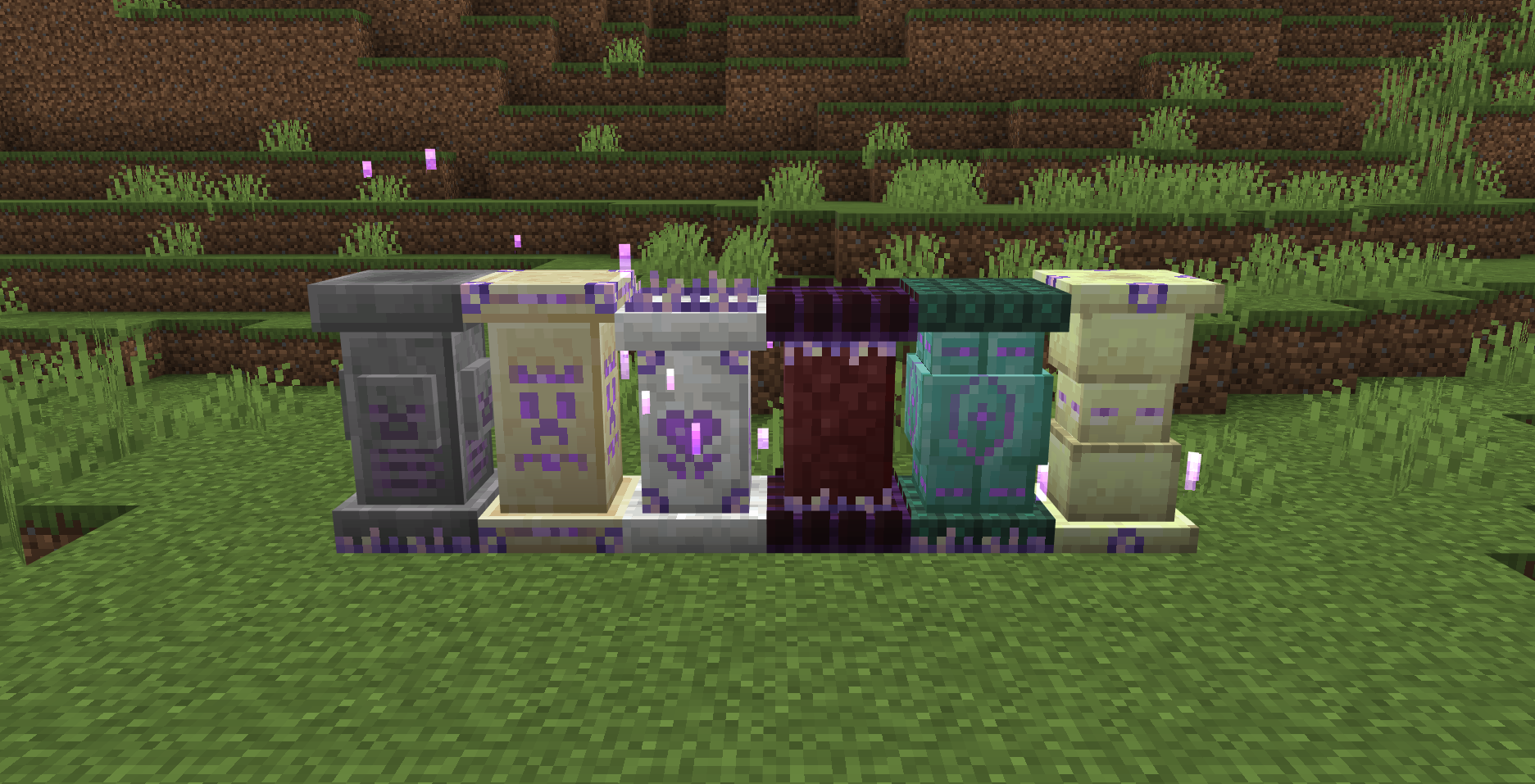 Waystone Addon Screenshot 2 Six different types of waystone blocks placed in a row on the grass