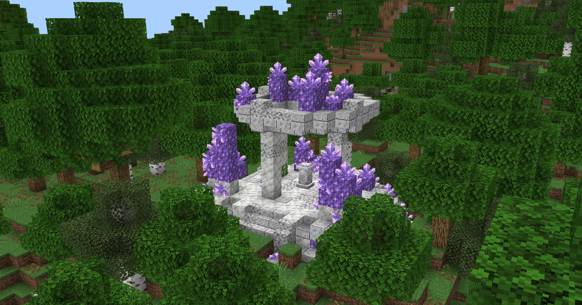 Waystone Addon Screenshot 3 Amethyst crystal waystone structure built with white stone blocks in a lush forest