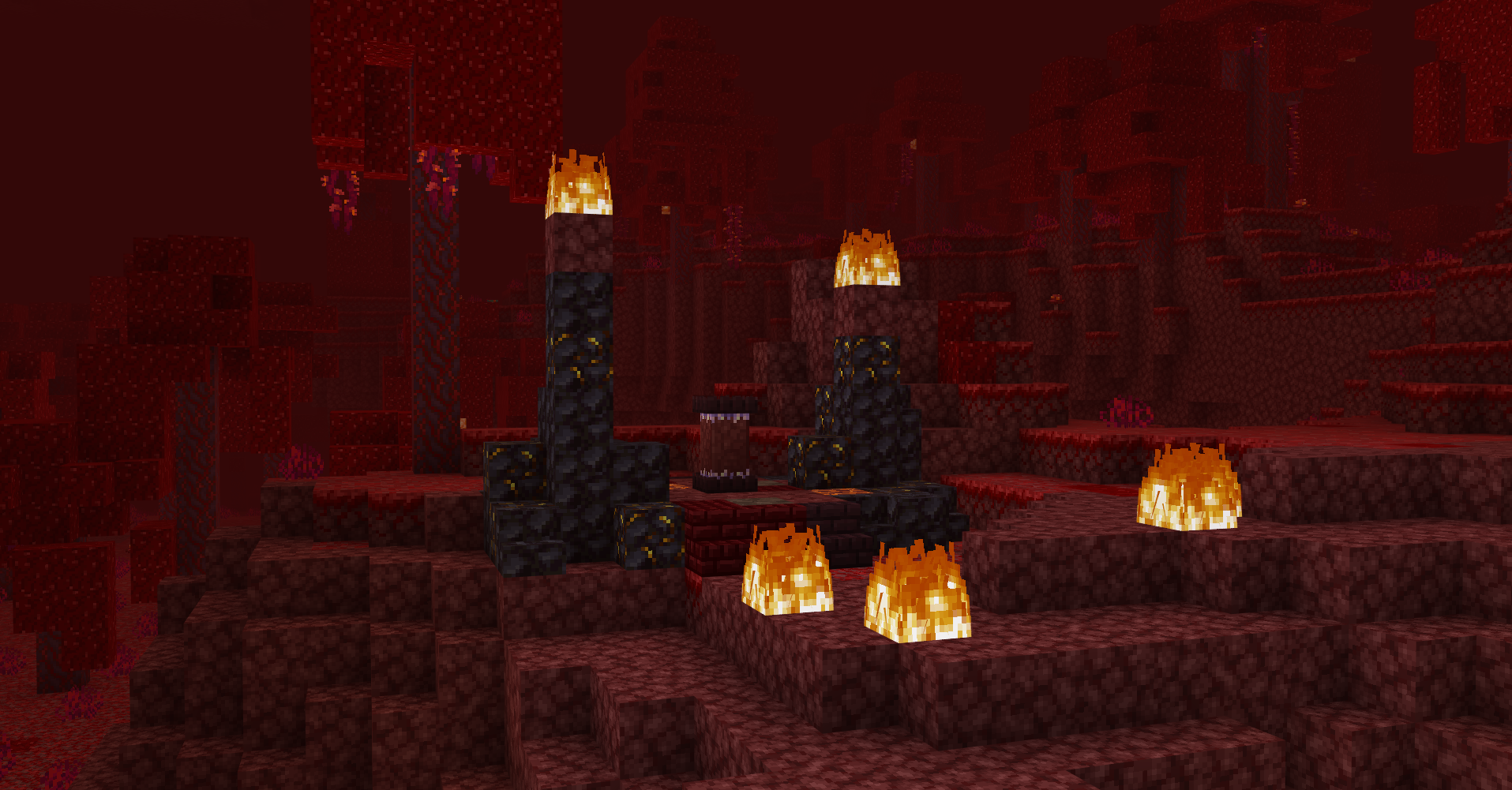 Waystone Addon Screenshot 4 Dark blackstone waystone pedestal surrounded by fire in a red Nether crimson forest