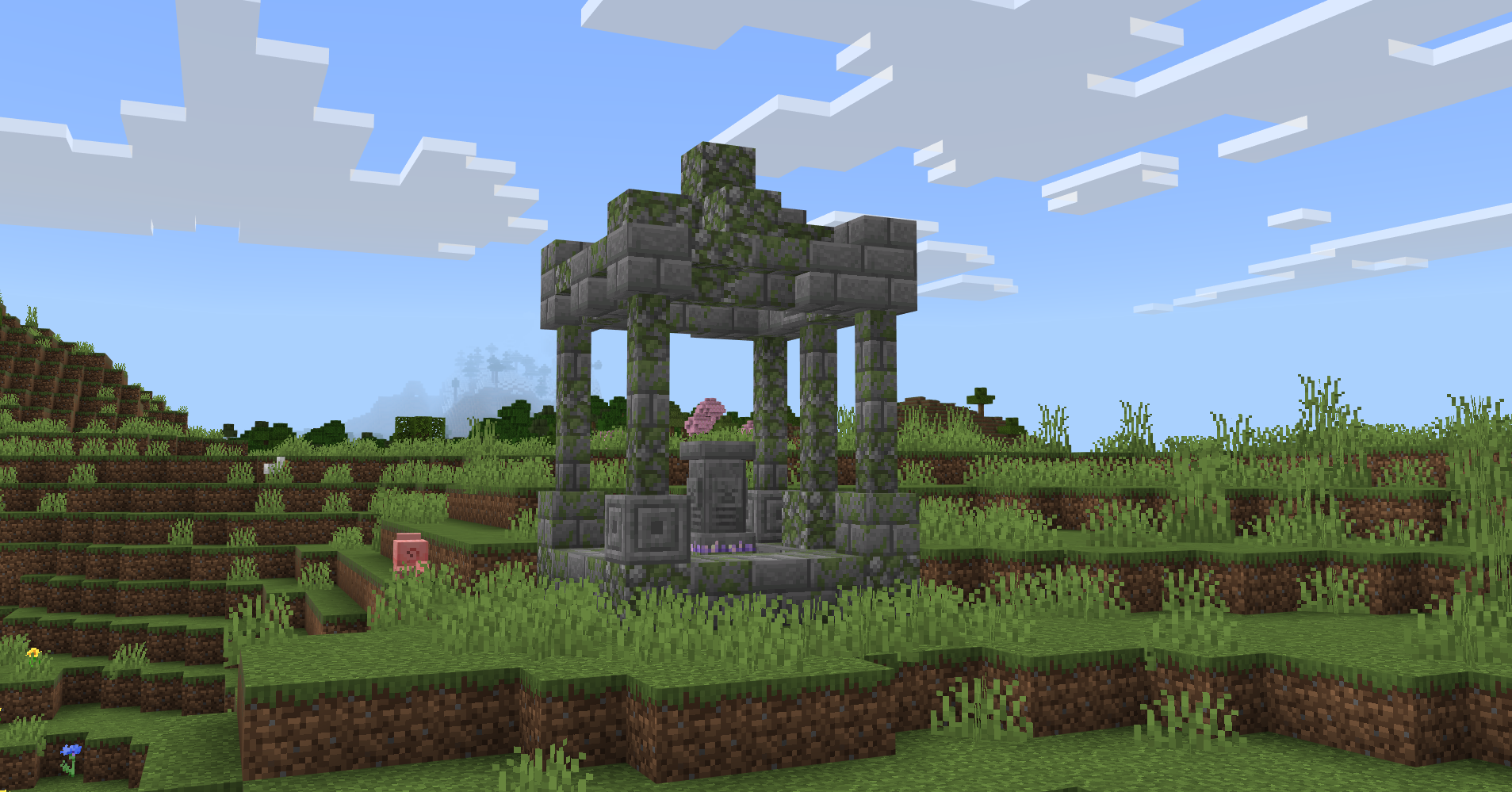 Waystone Addon Screenshot 5 Mossy stone shrine containing a waystone in a green grassy overworld biome