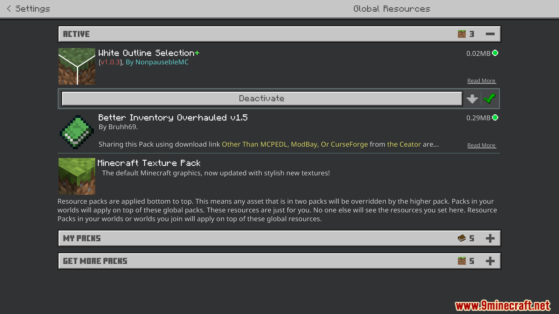 Activating the white outline selection texture pack in global resources