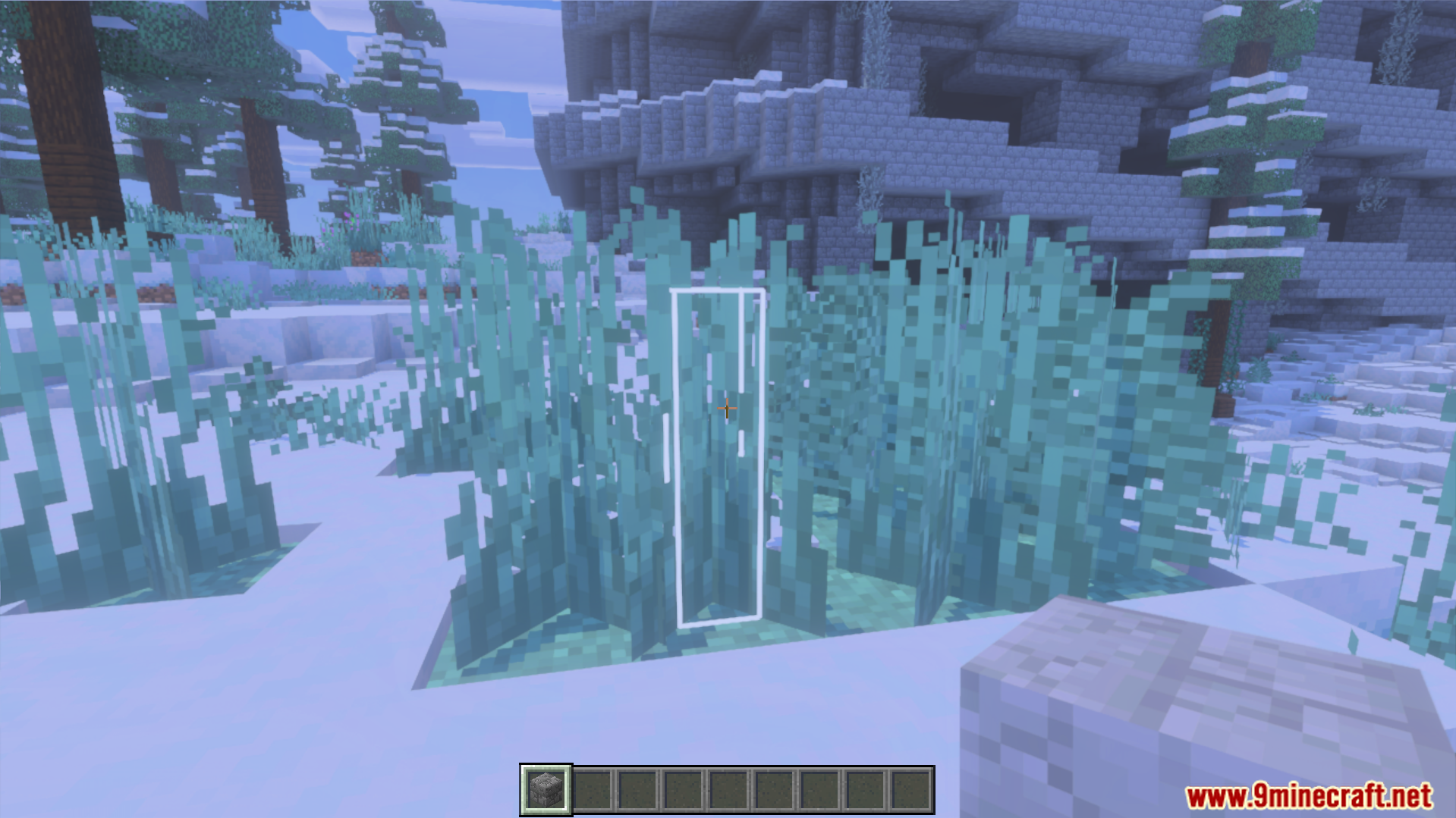 A white outline highlights tall plants in a snowy biome