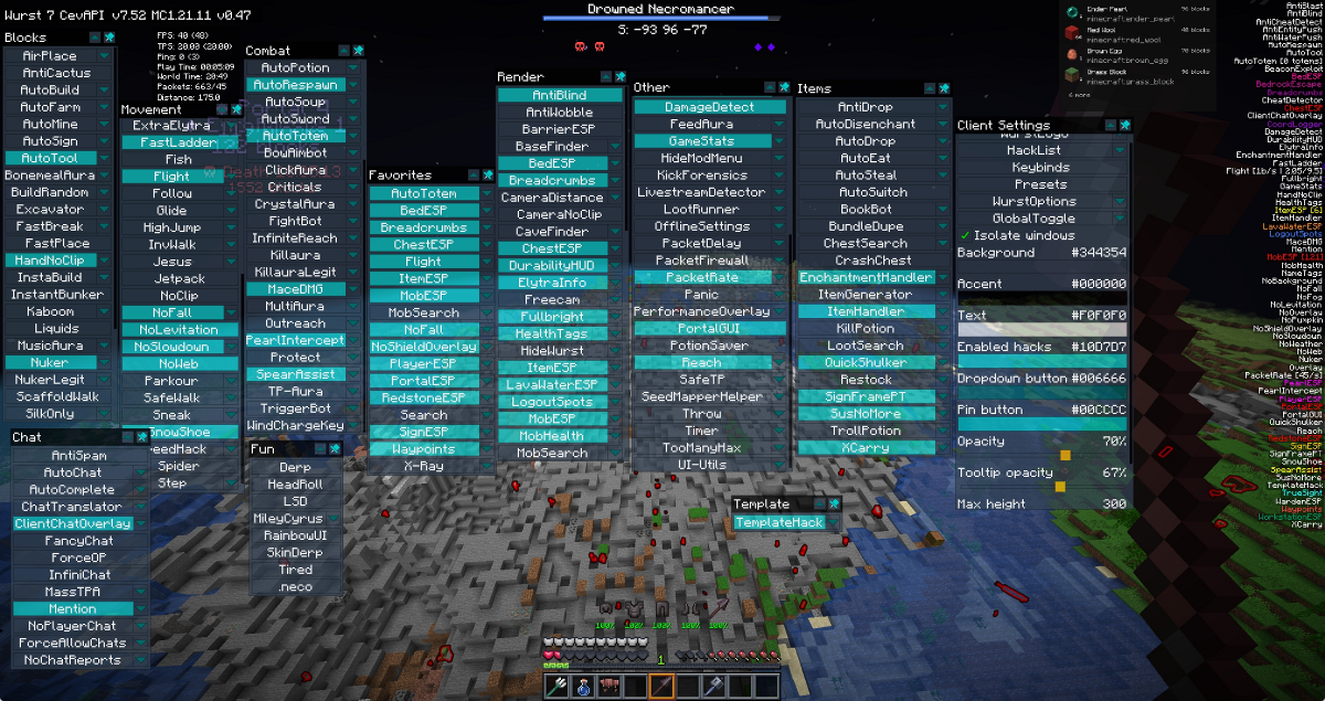 Wurst Modified Client Mod Screenshot 1 Large multi column cheat menu interface overlaying the Minecraft game world