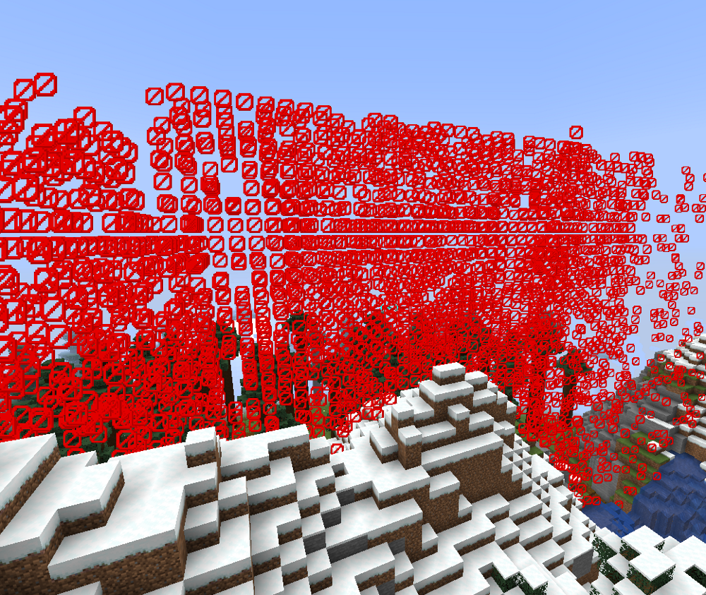 Wurst Modified Client Mod Screenshot 10 Large cluster of red barrier blocks floating above a snowy mountain