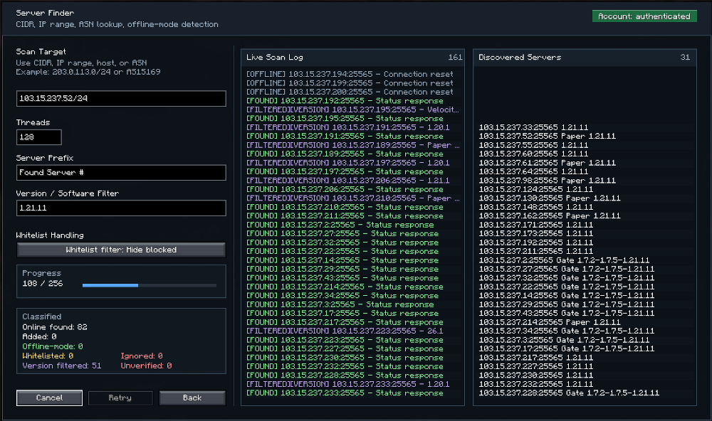 Wurst Modified Client Mod Screenshot 12 Server finder interface scanning IP addresses to locate active multiplayer servers