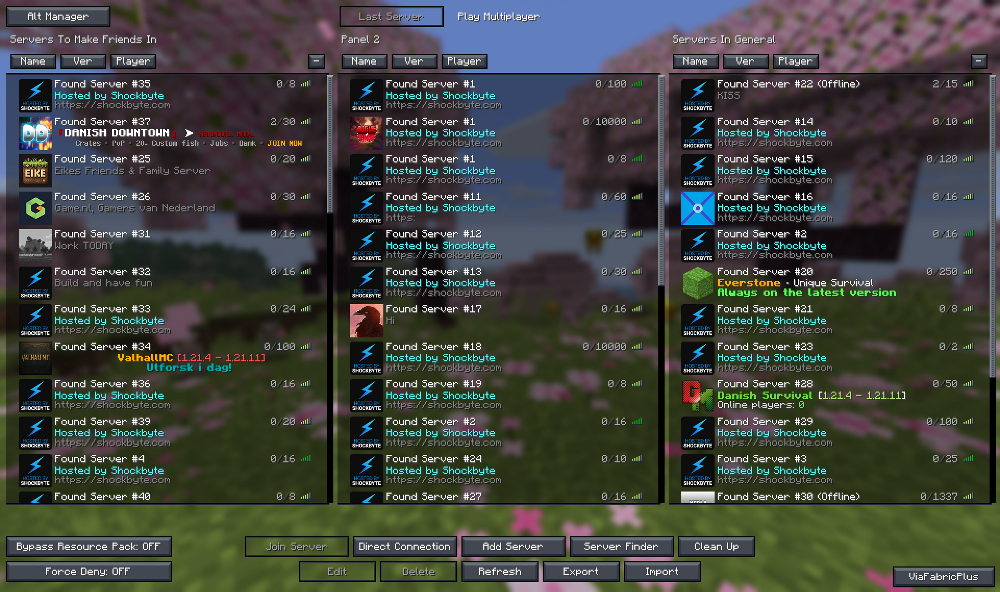 Wurst Modified Client Mod Screenshot 13 Custom Minecraft multiplayer interface displaying three columns of found servers