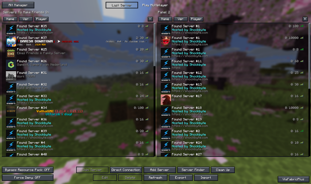 Wurst Modified Client Mod Screenshot 14 Custom Minecraft multiplayer interface displaying two columns of found servers