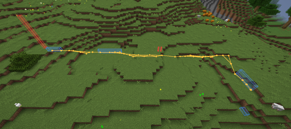 Wurst Modified Client Mod Screenshot 15 Yellow tracer lines connecting to blue bounding boxes around entities in grassy landscape