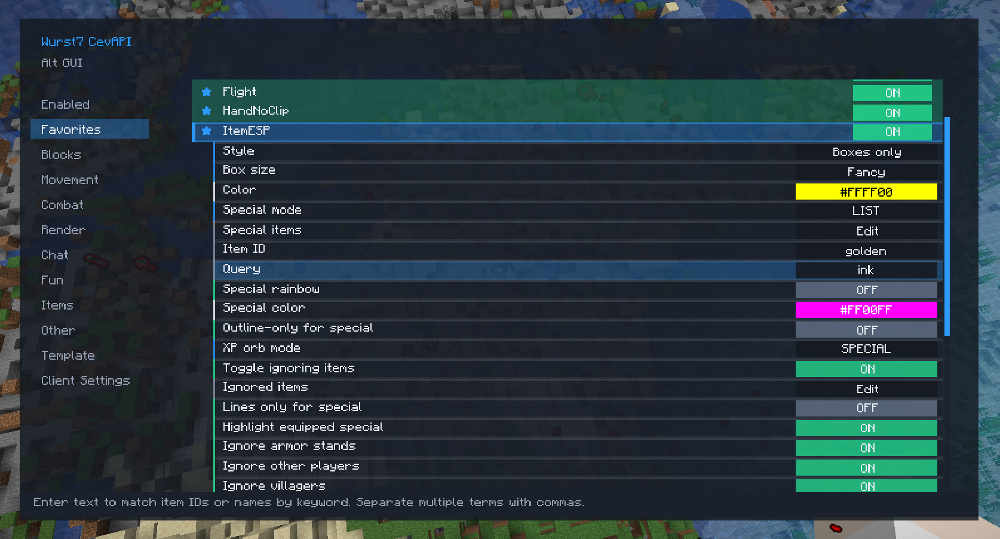 Wurst Modified Client Mod Screenshot 18 Wurst client menu displaying configuration settings for the item ESP feature