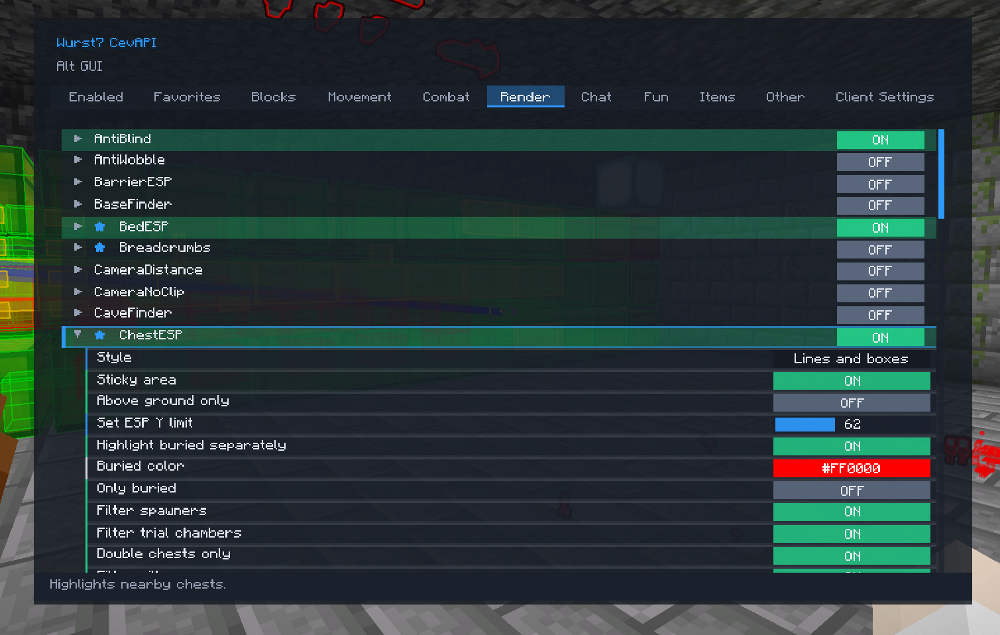 Wurst Modified Client Mod Screenshot 19 Player viewing the render settings menu for chest ESP in a cheat client