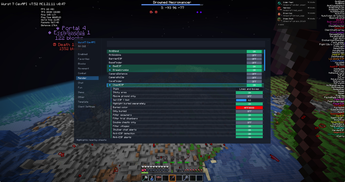 Wurst Modified Client Mod Screenshot 2 Detailed settings window for configuring specific cheat modules in the game