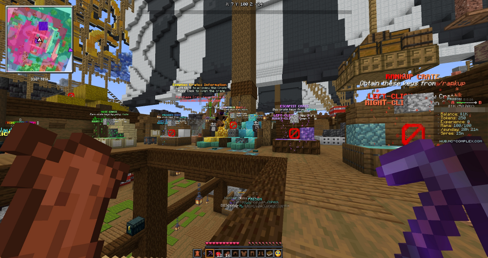Wurst Modified Client Mod Screenshot 4 Player holding a purple pickaxe in a busy multiplayer server hub with holograms