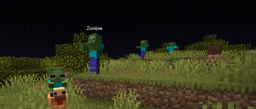 Wurst Modified Client Mod Screenshot 7 Minecraft night scene featuring multiple zombies and a baby zombie riding a chicken
