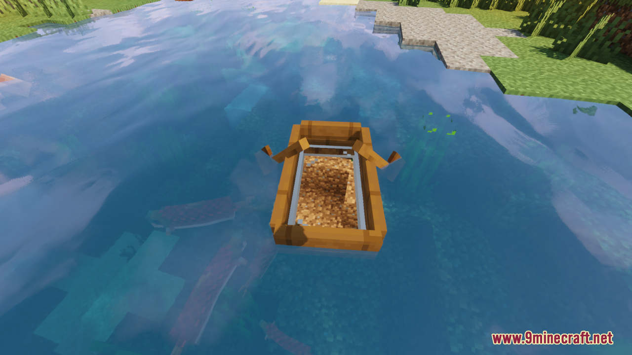 A wooden boat with a transparent bottom on the water