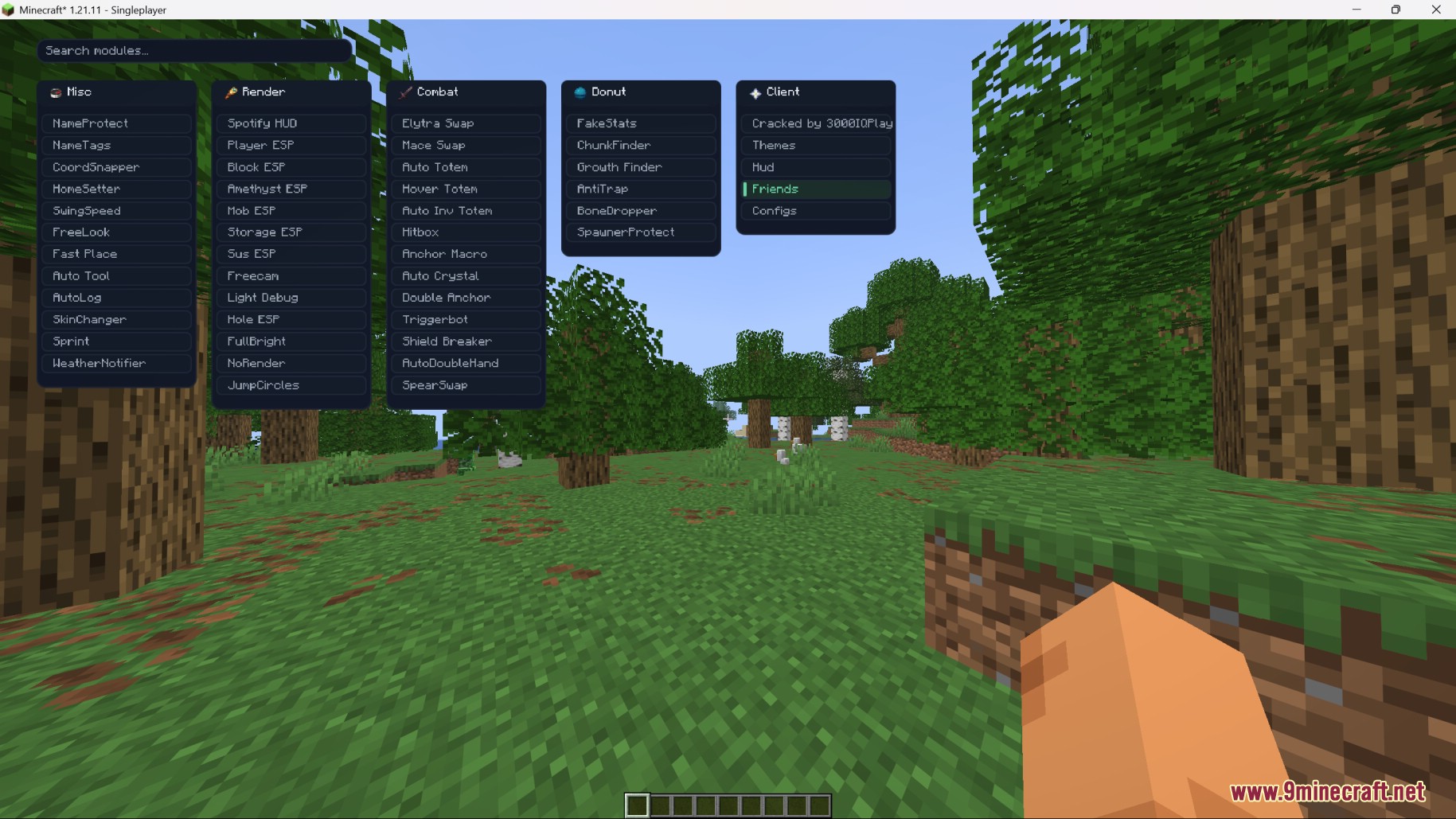 Xenon V2 Client Mod Screenshot 1 Player viewing a large custom client menu with multiple categories over a forest