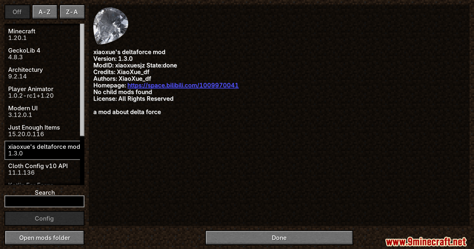 XiaoXue's Delta Force Mod Screenshot 1 Minecraft mods menu screen displaying the installed delta force mod details