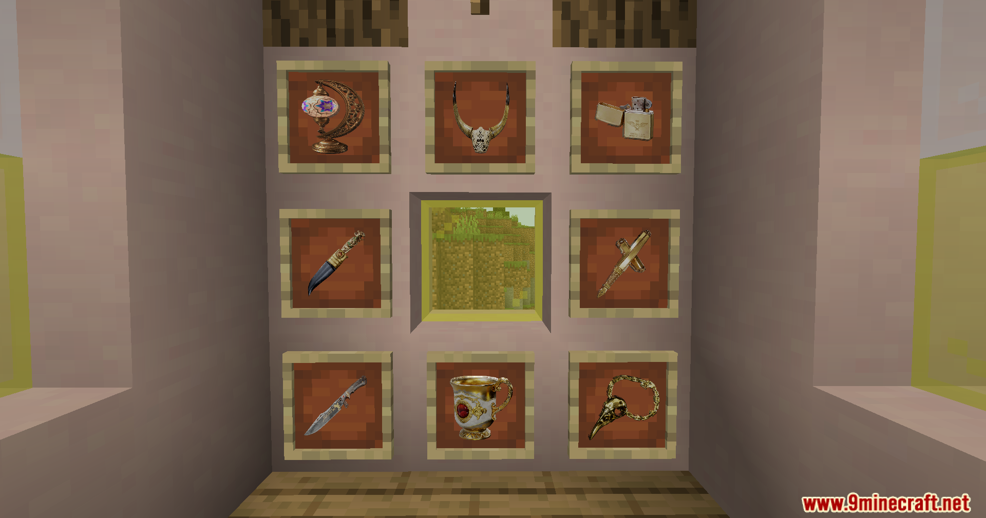 XiaoXue's Delta Force Mod Screenshot 9 Wall display featuring several rare collectible artifacts and treasures in item frames