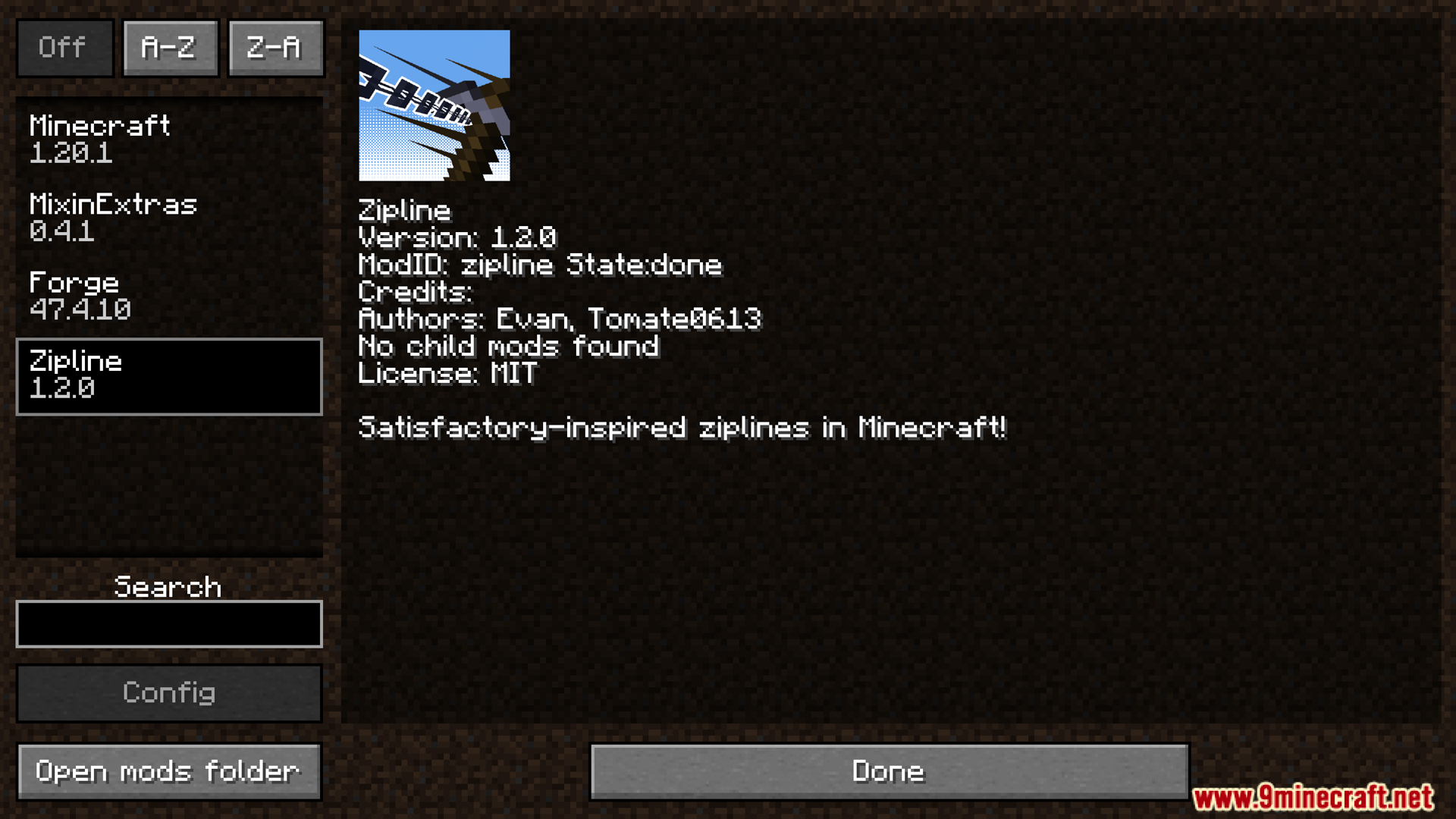 Zipline mod details in the Minecraft mods menu