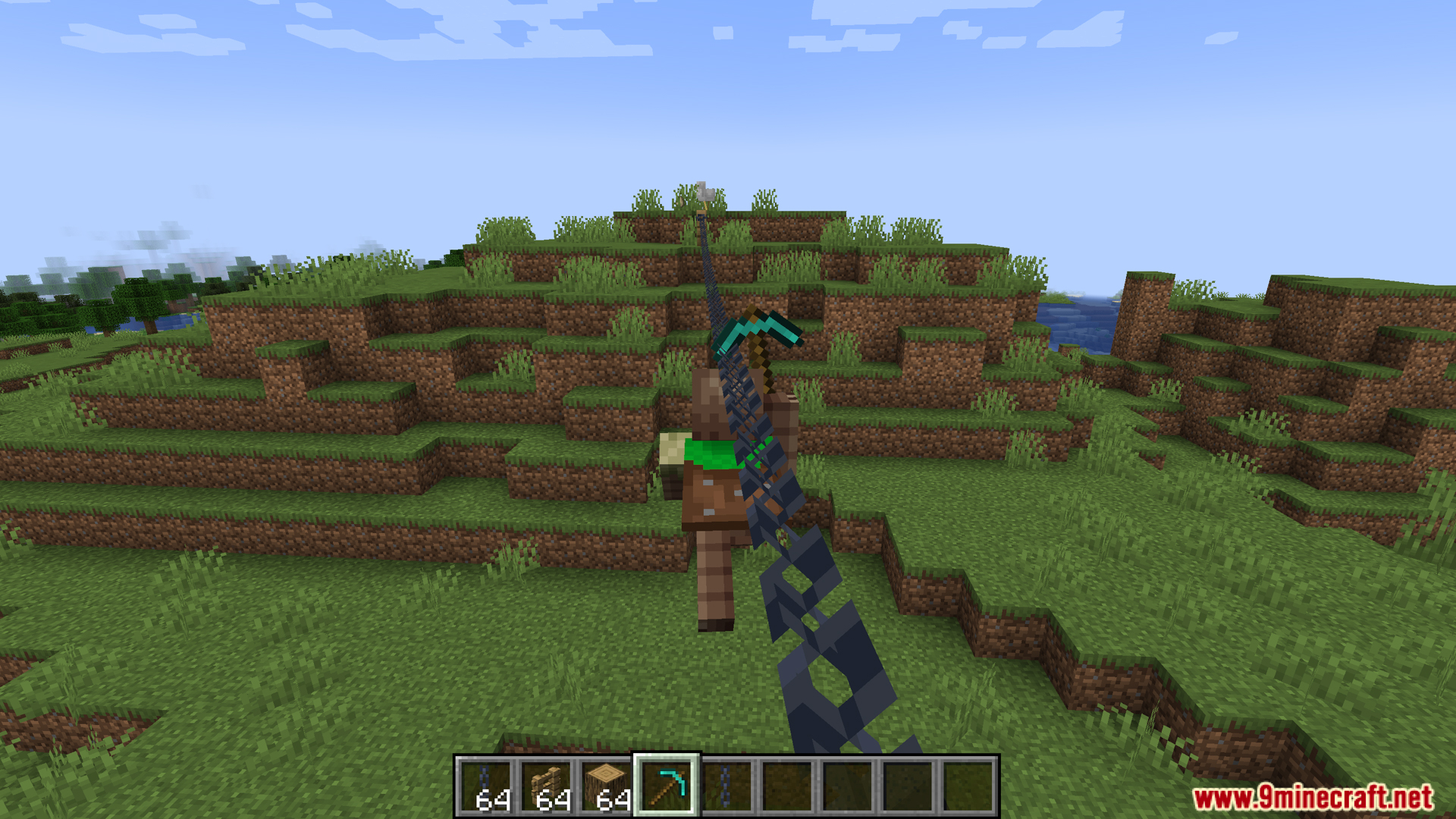 Player and llama sliding down a zipline using a pickaxe