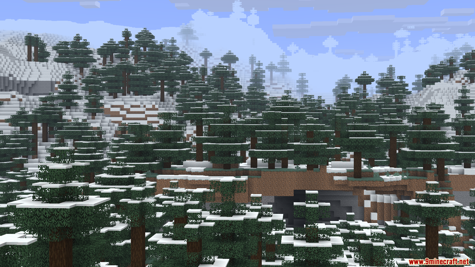 Snowy taiga forest with tall pine trees and a cave entrance