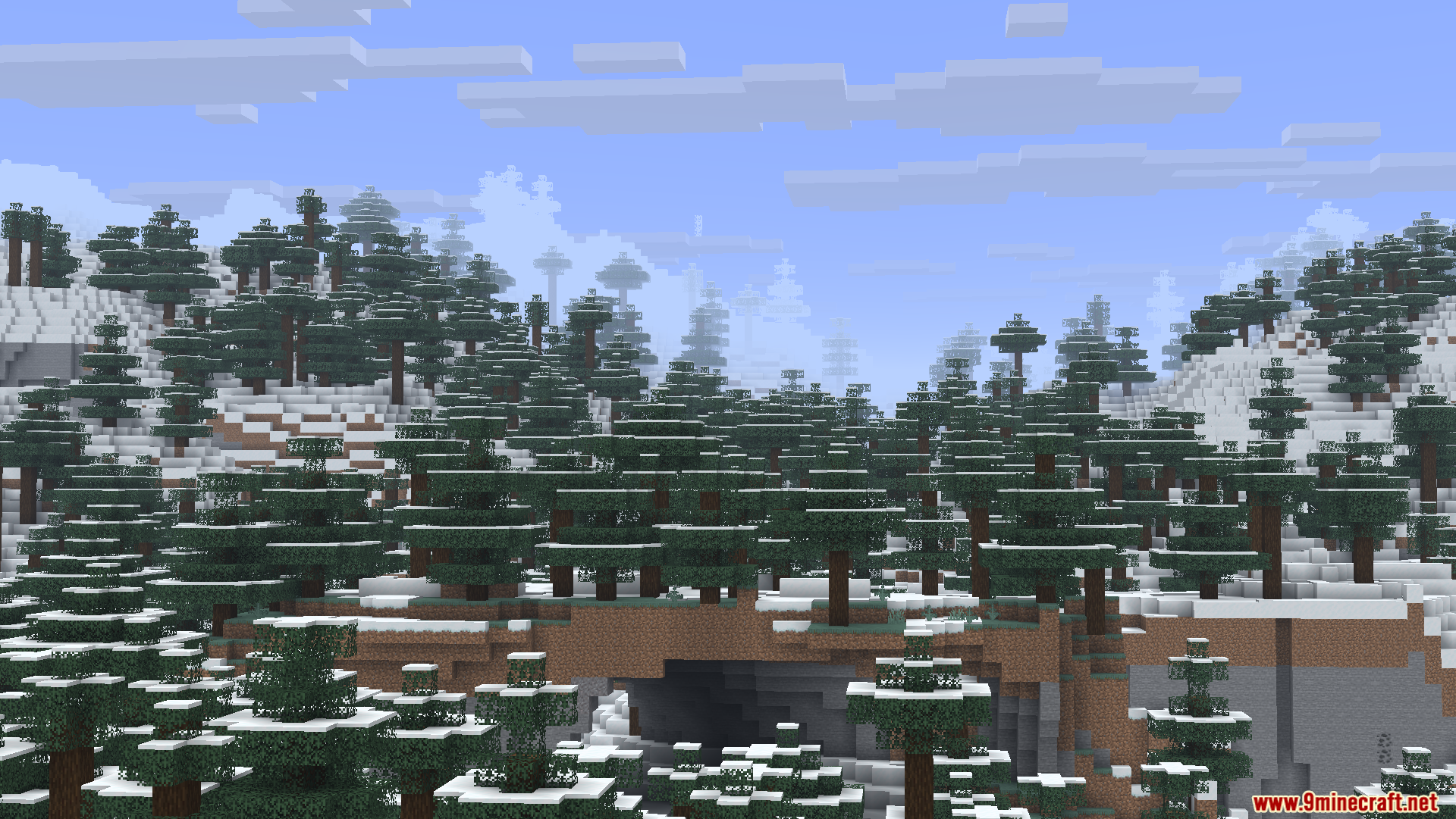 Snowy taiga forest landscape featuring tall spruce trees and a small rocky overhang
