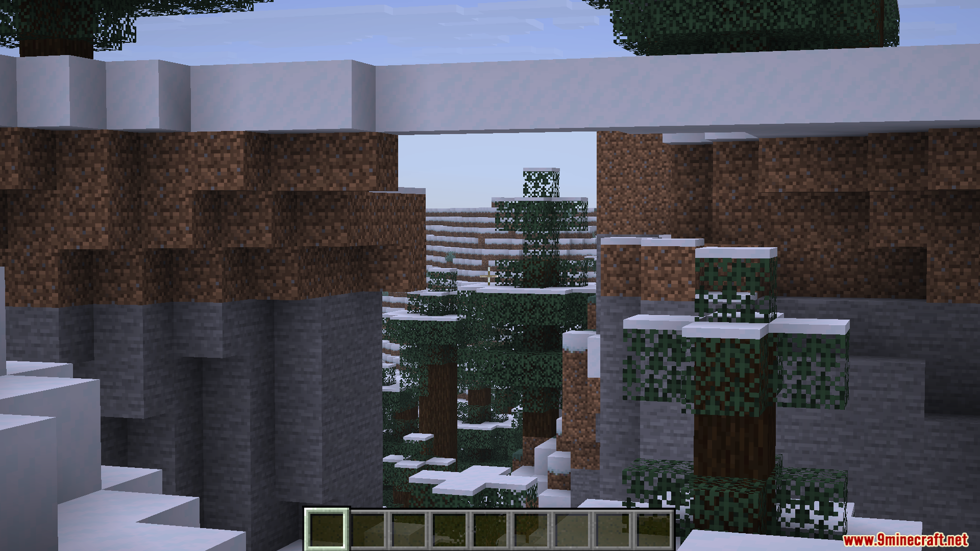 Player using the zoom feature to look closely at a snowy forest