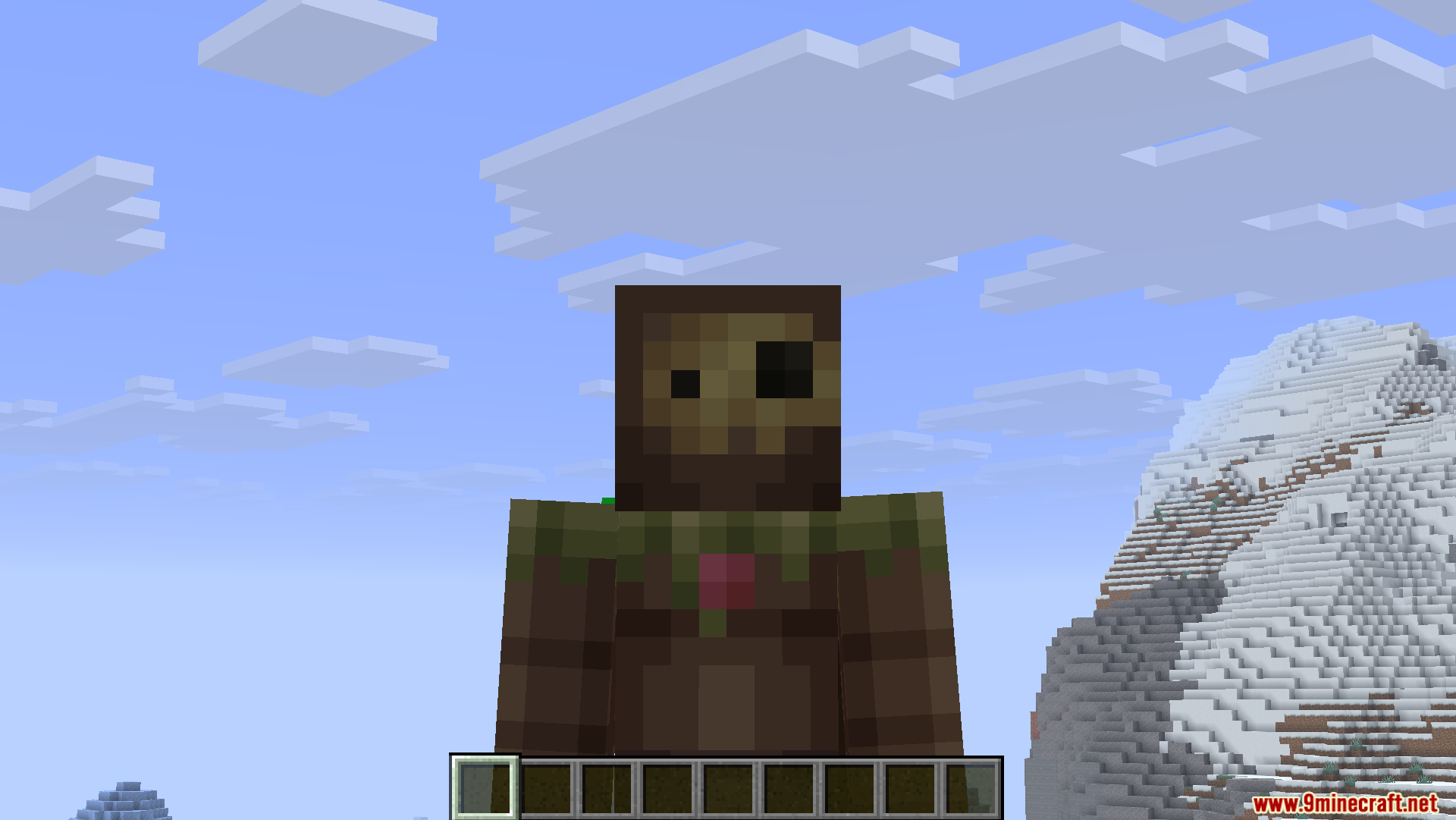 A player character wearing a custom skin stands in a snowy biome