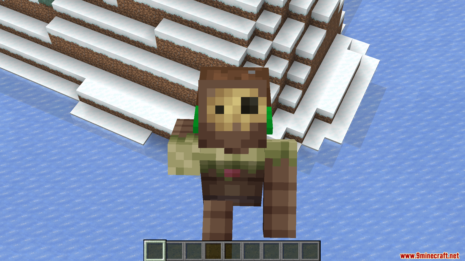 Zoomed in view of a player character standing near a snowy shore